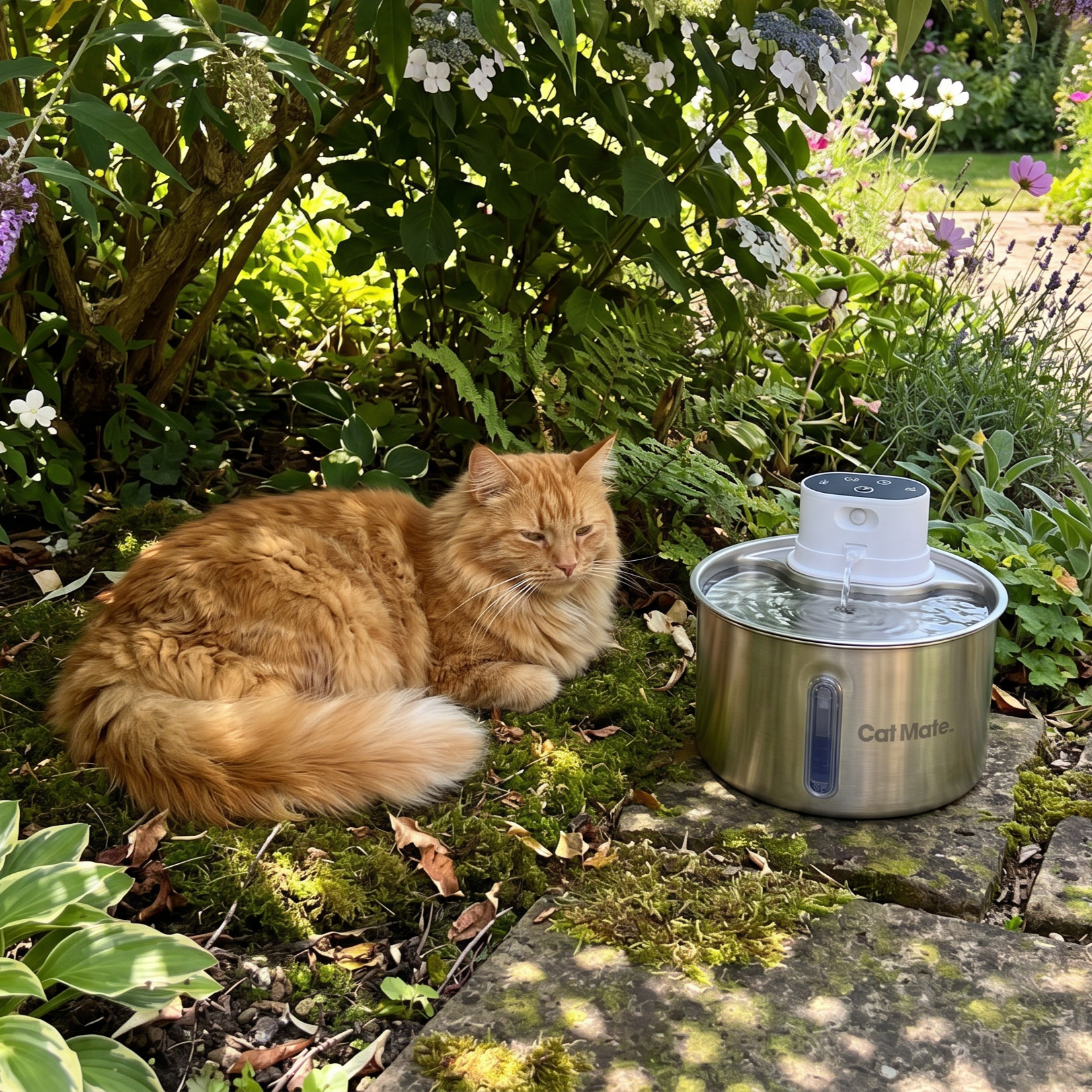 a long haired ginger cat sat in a flowerbed in dappled shade. Next to it is a cat mate stainless steel cordless pet water fountain.