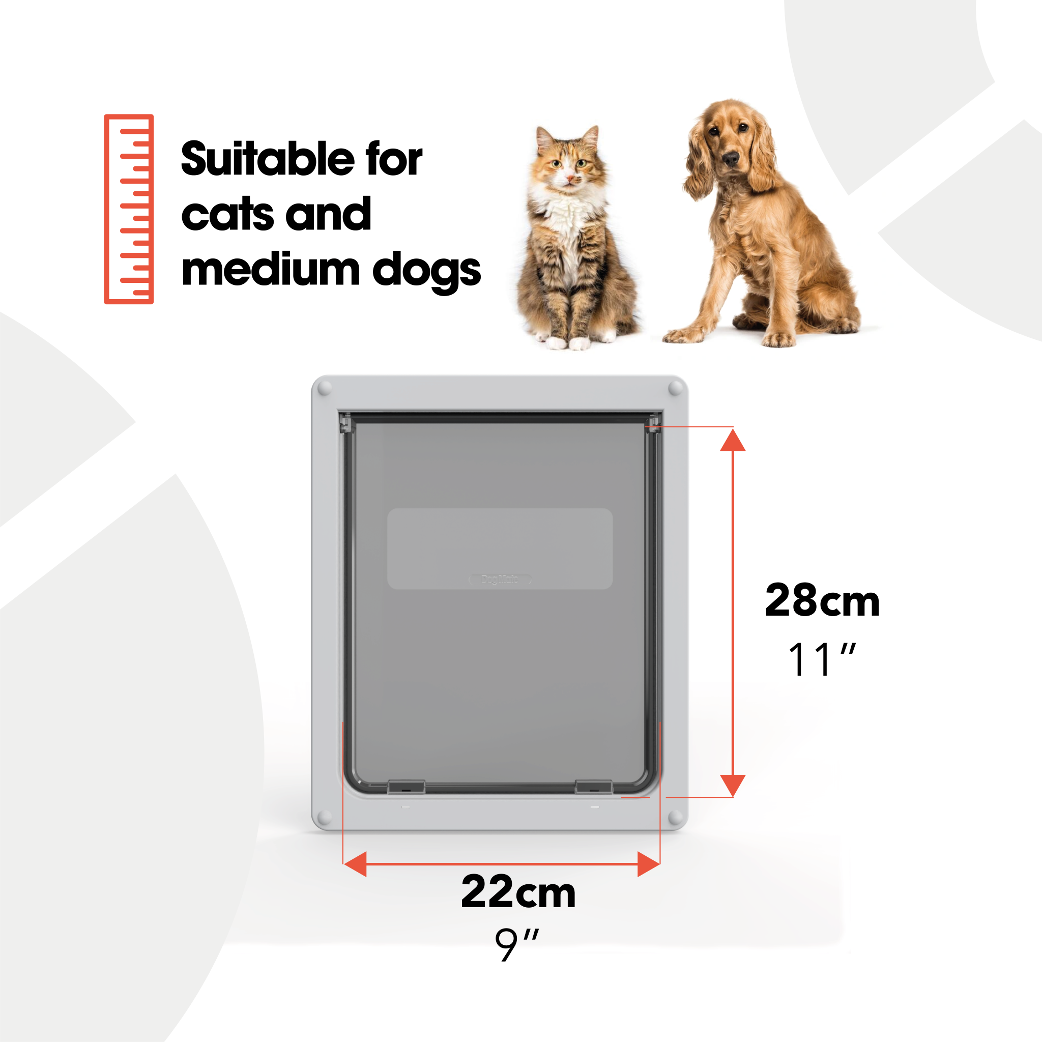 A diagram showing the dimensions of the dog door on a white background.