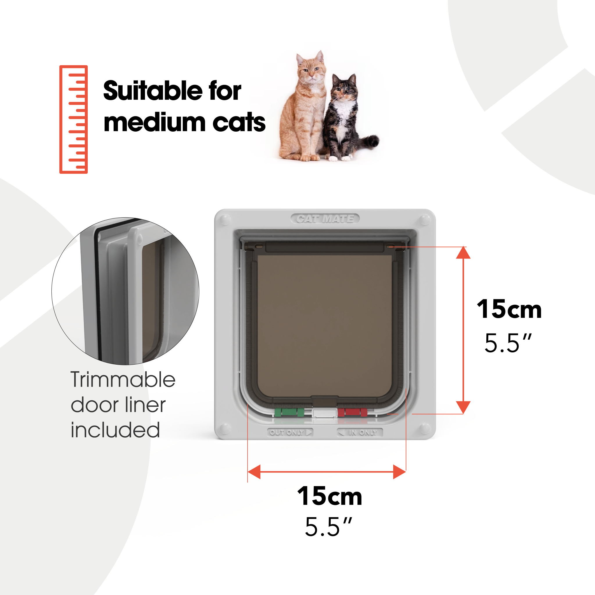 An infographic showing that the white cat flap is suitable for average and medium size cats, includes a trimmable door liner and the dimensions of the product