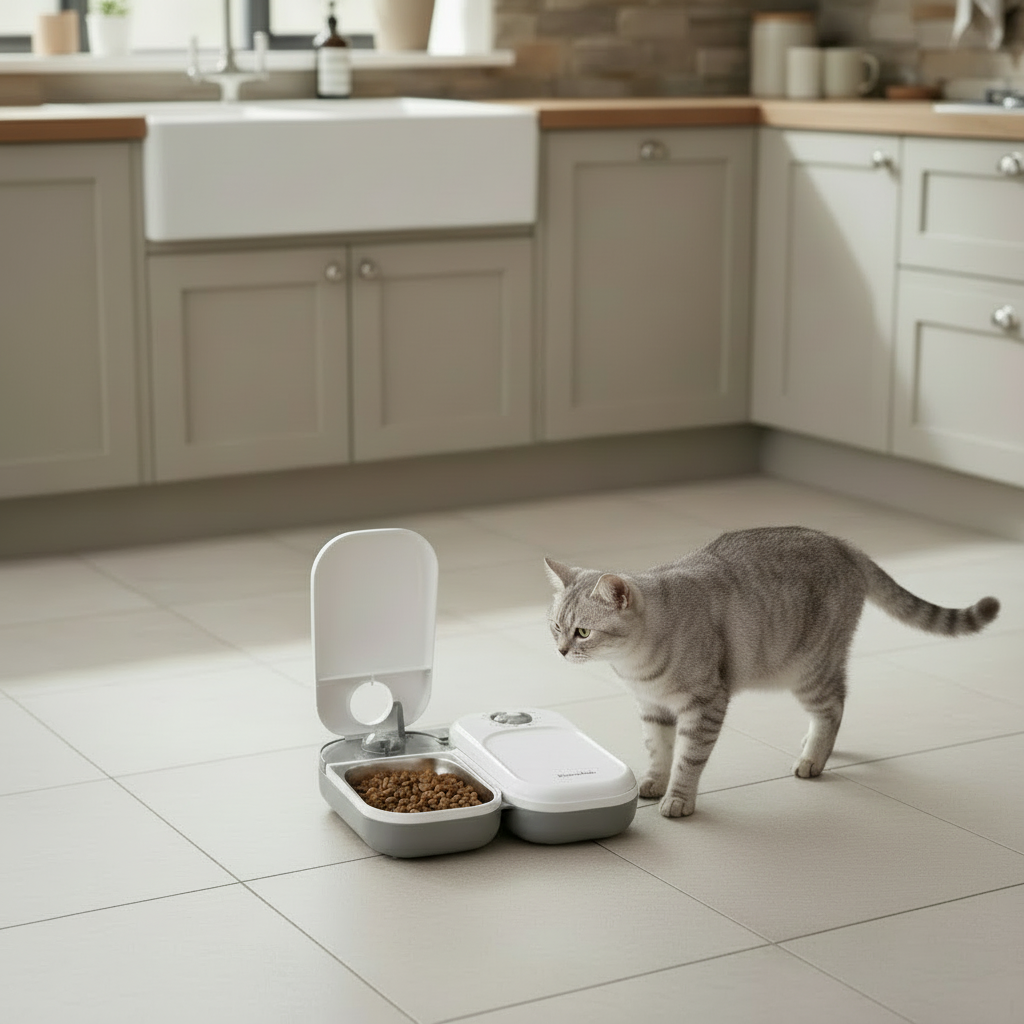 Cat standing next to a pet food dispenser in a kitchen