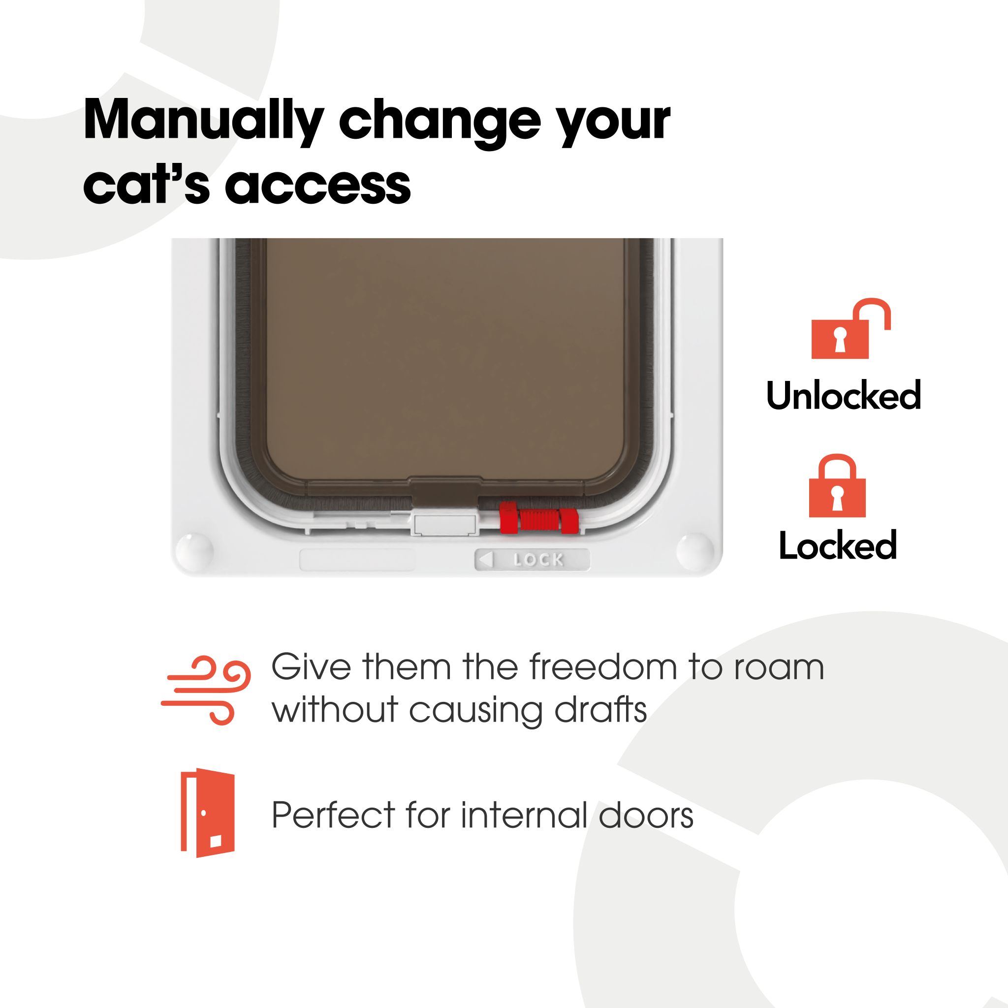 An infographic on a white background showing the ''unlocked'' and ''locked'' options for the cat flap in black text.