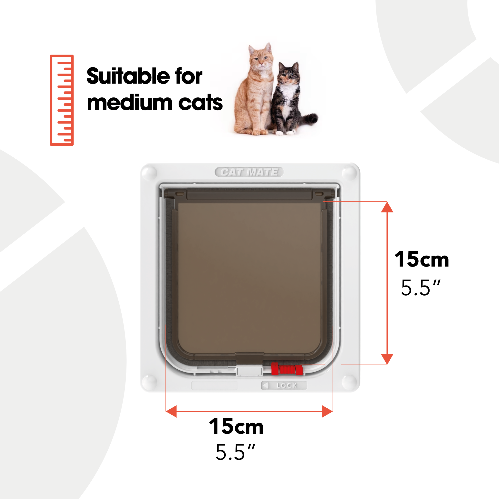 An infographic showing the dimensions of the cat flap and that the product is suitable for average and medium size cats.