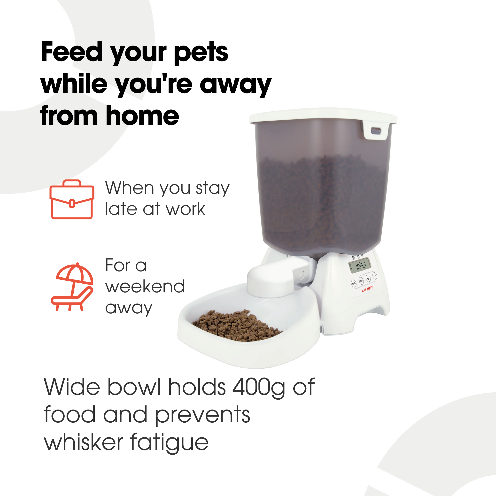 An infographic on a white background display black text which is explaining the benefits and uses of the dry food automatic pet feeder for cats and small dogs