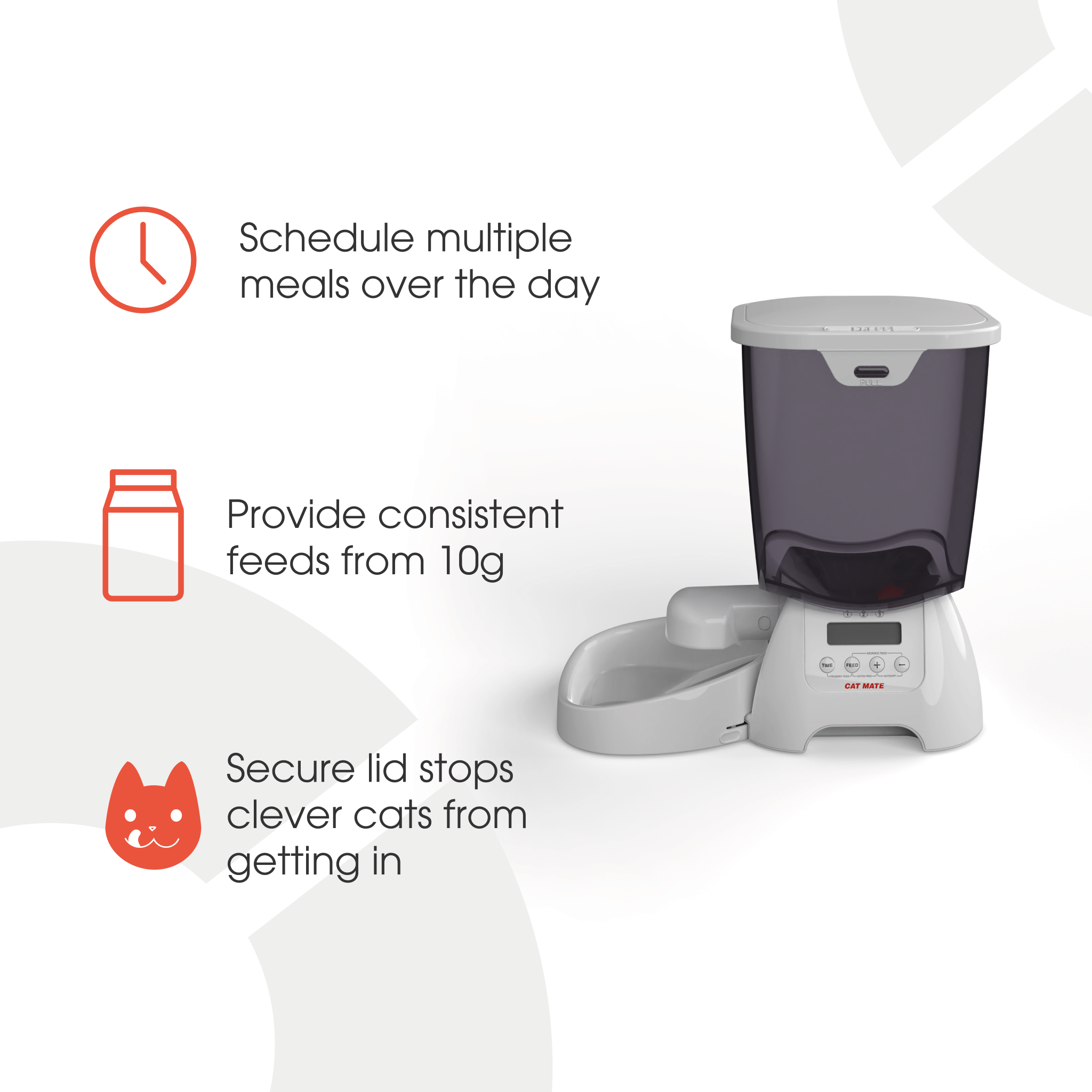 An infographic displaying black text explaining the features / benefits of using the automatic pet feeder that is compatible for use with dry food meals.