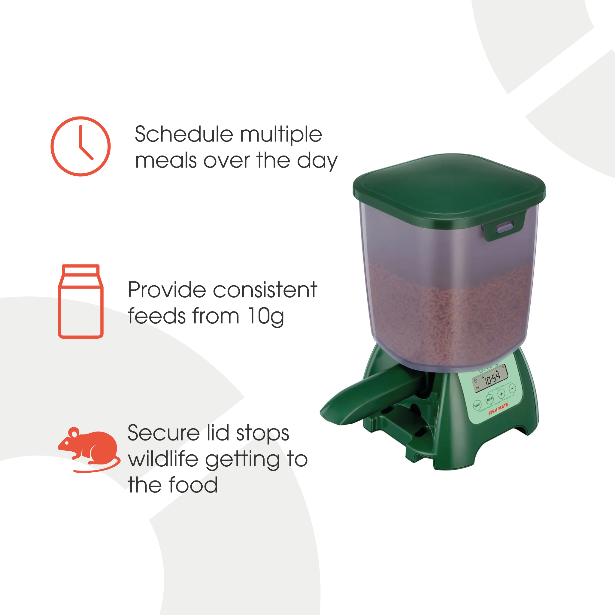 An infographic showing the features of using the automatic feeder for pond fish on a white background