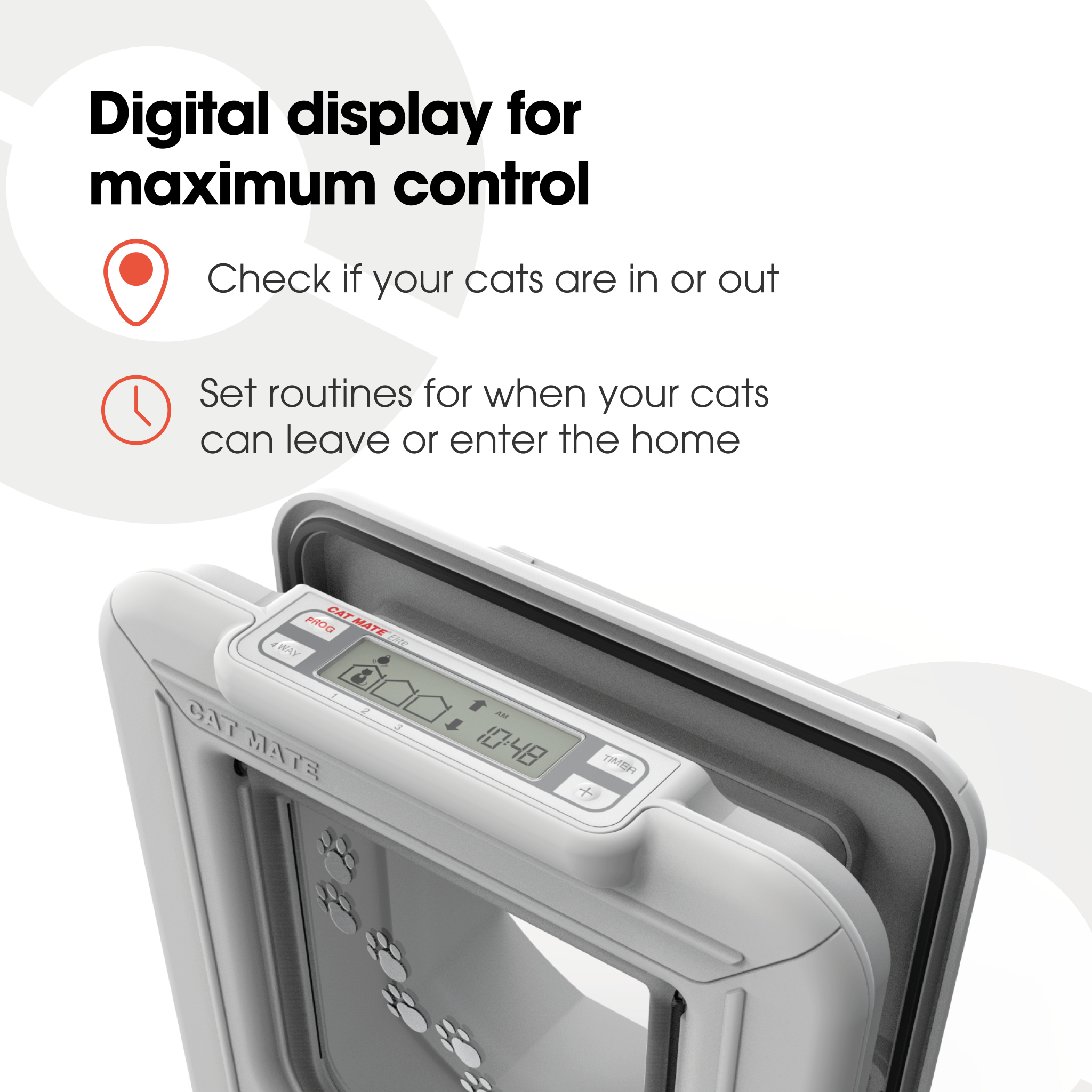 An infographic showing a close up view of the digital display which can check if the cat is inside or outside, and also can be used to set routines to control a cat's movements in or out of the home.