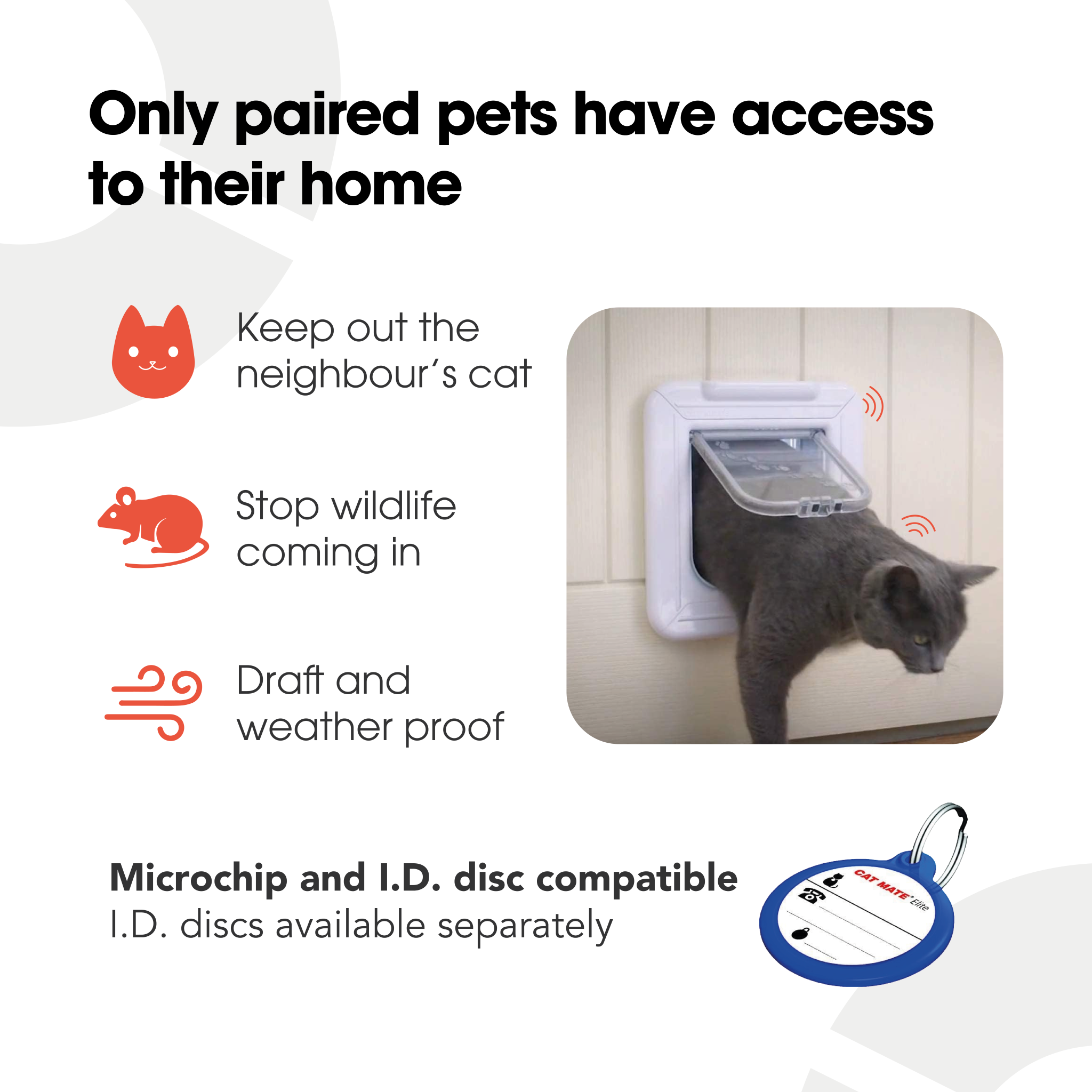 An infographic on a white background showing the benefits of using the cat flap such as 'keep out the neighbour's cat', 'stop the wildlife coming in' and 'drasft and weather proof' in black text