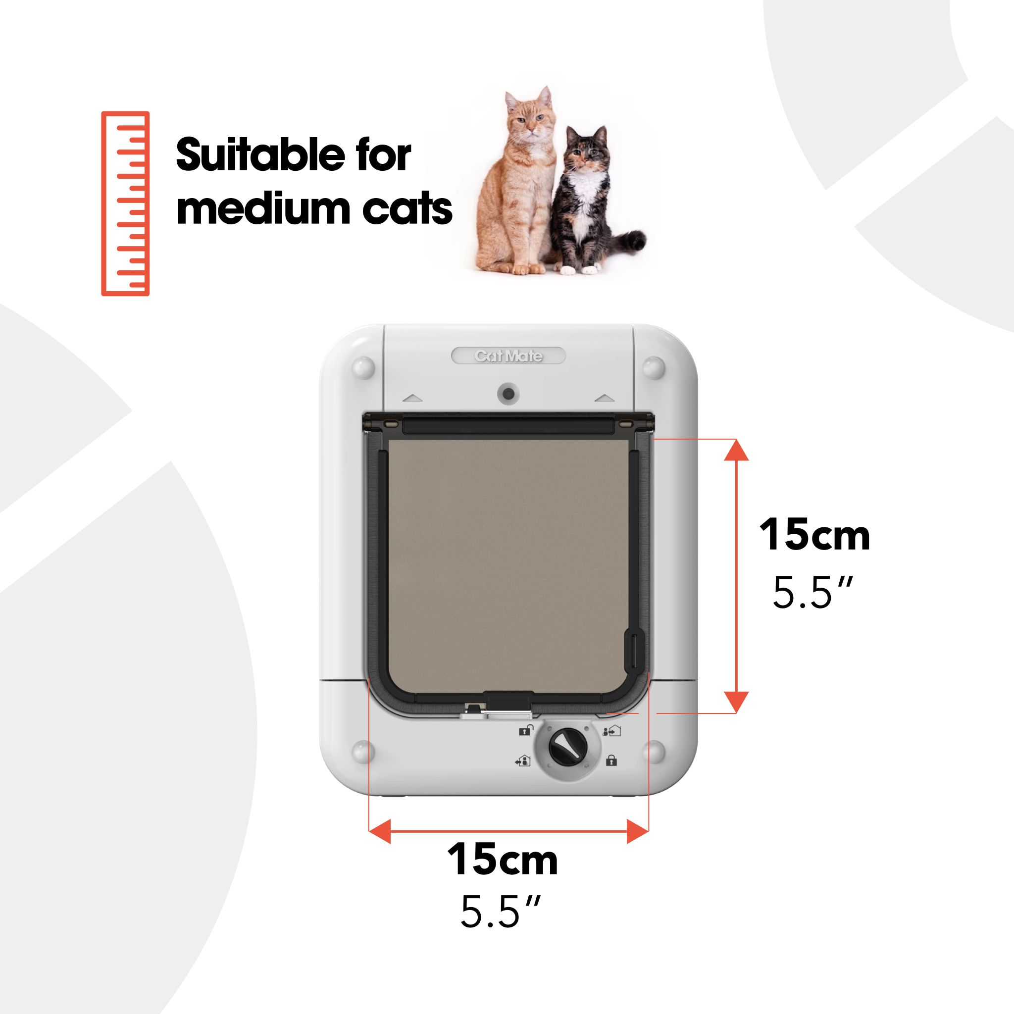 An infographic showing the size of the microchip activated cat flap, and the animal suitability for it as being medium size cats
