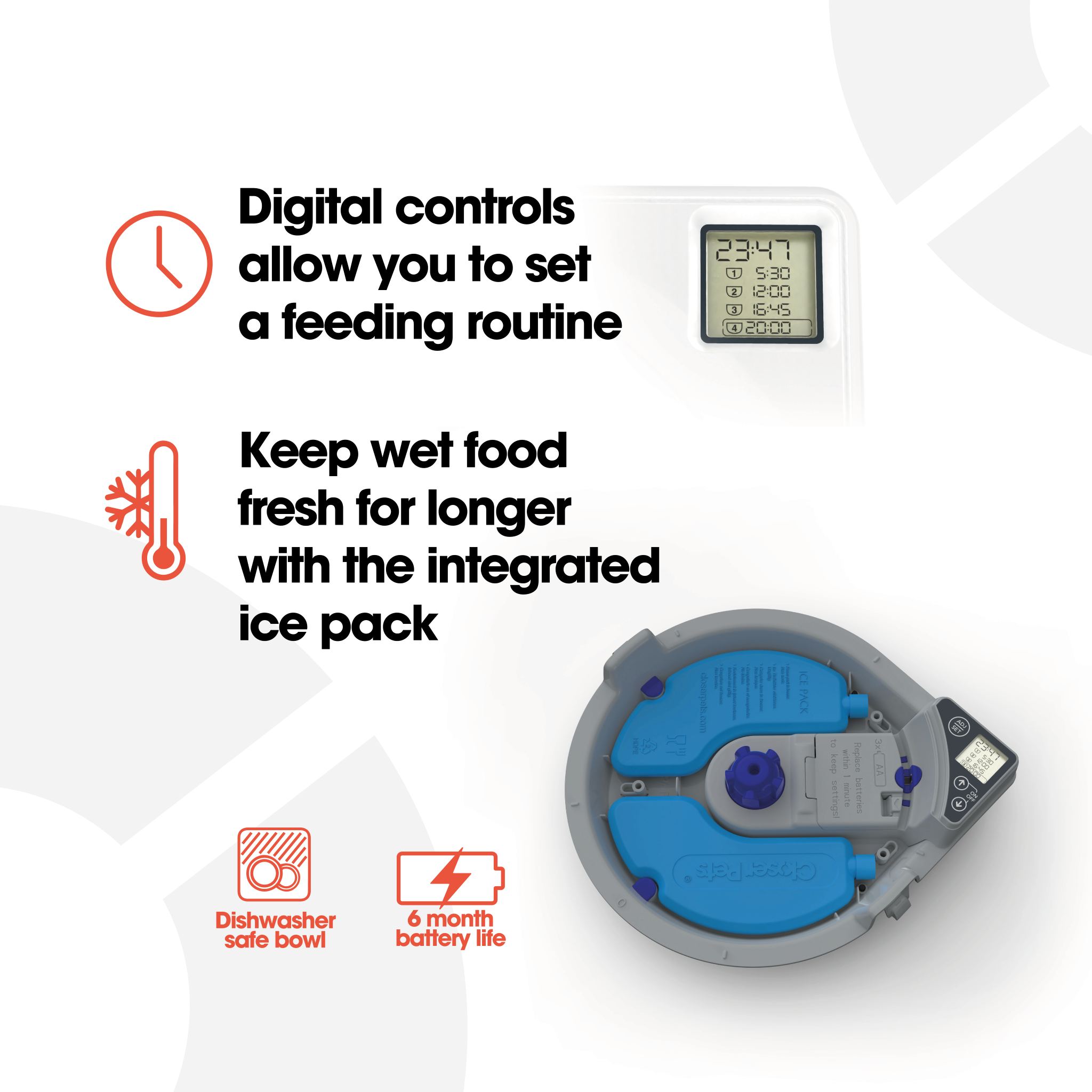 An infographic  with black text, orange icons and a white background showing the benefits and features of using the five meal automatic feeder