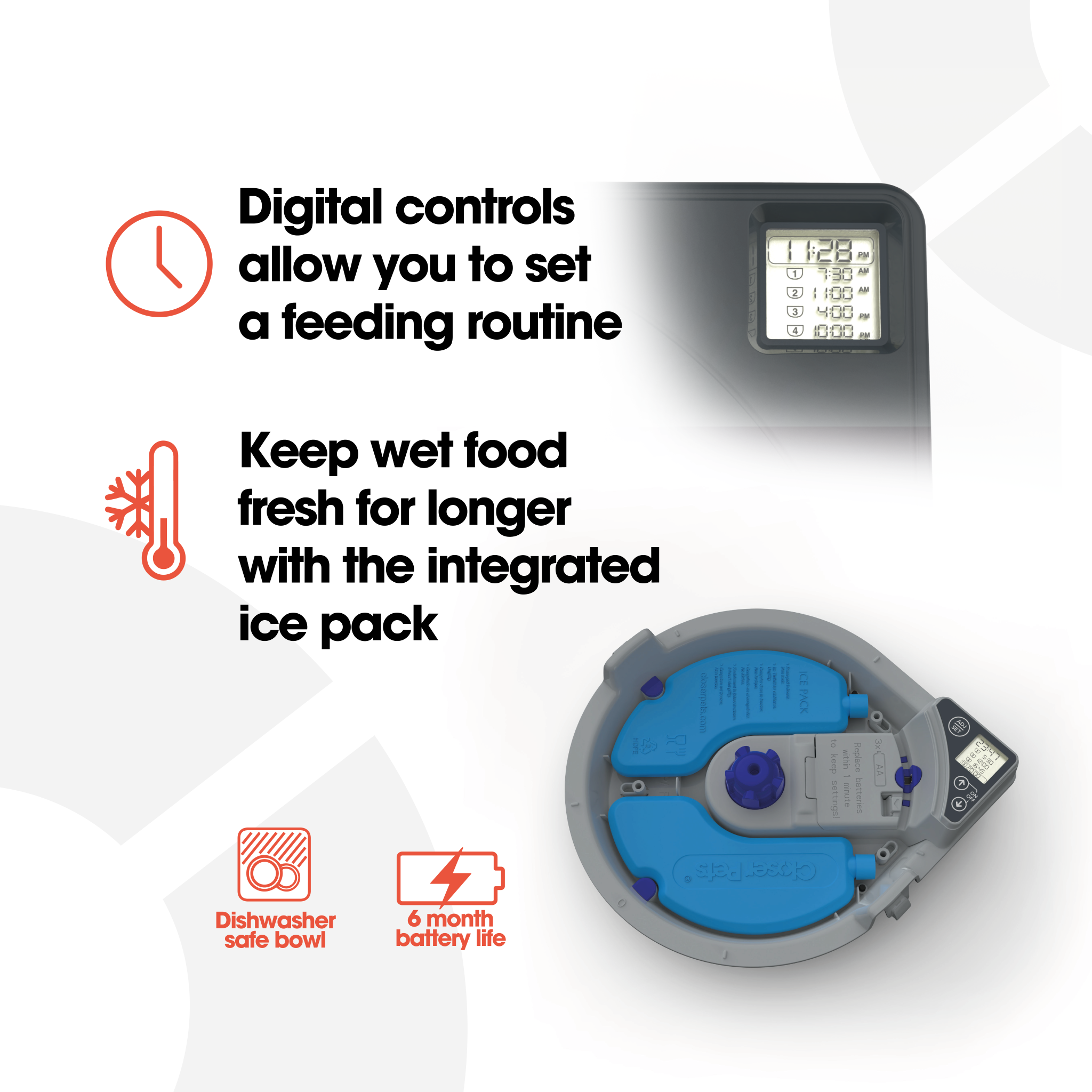 An infographic on a white background displaying the benefits of the digital timer and the blue plastic reusable ice packs