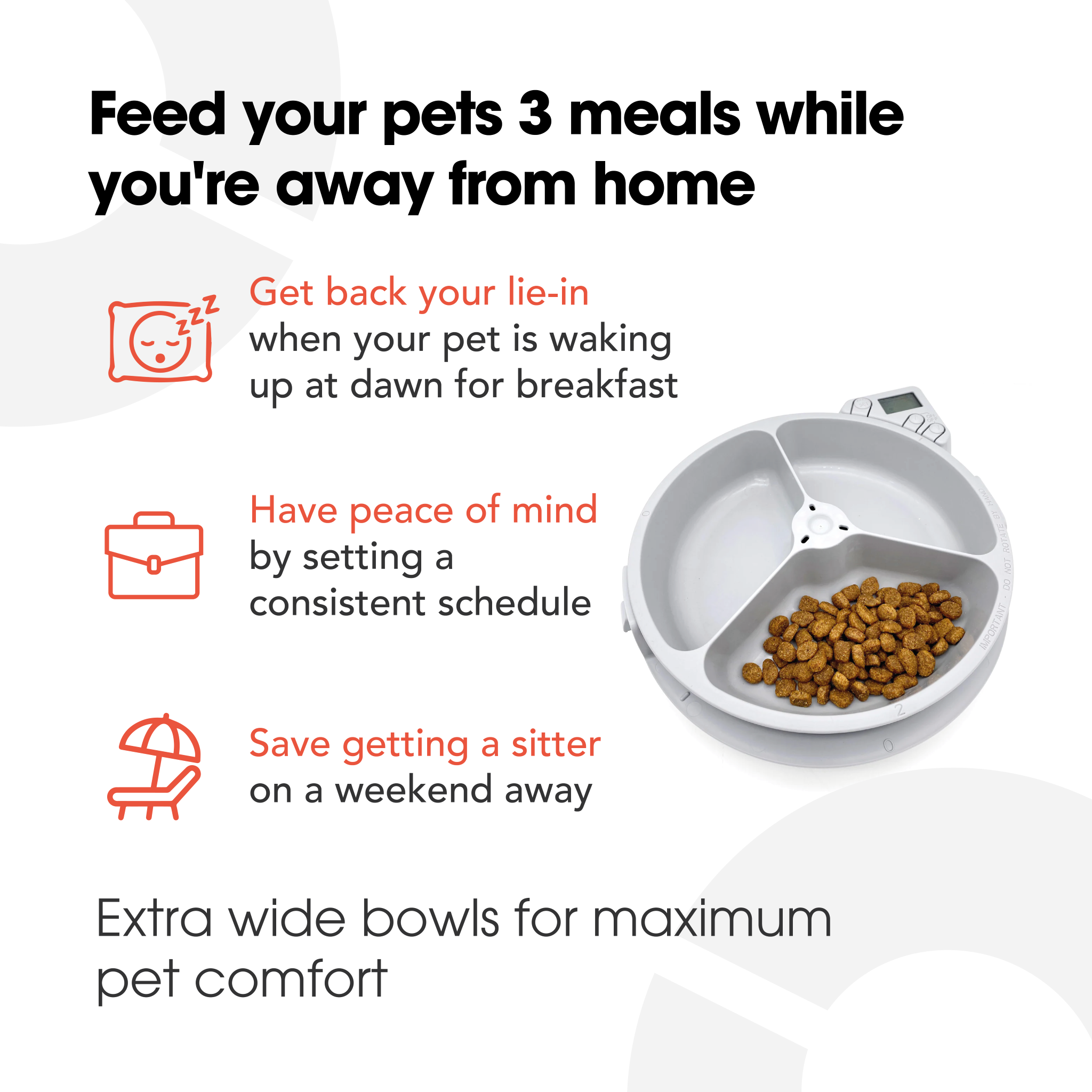 An infographic with black and orange text on a white background explaining the benefits of using the 3 meal pet feeder to provide food to your pet