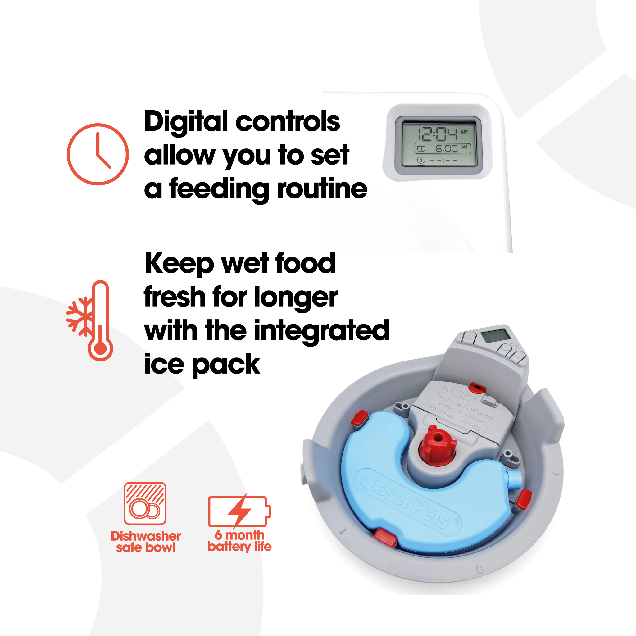 An infographic with orange and black text on a white background showing the benefits of the timer and the ice packs in conjunction with the 3 meal feeder
