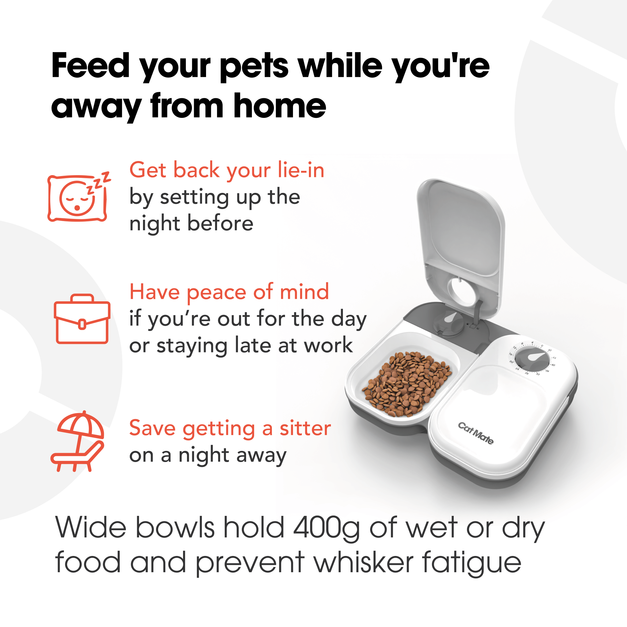 An infographic with orange and white text mentioning the helpful reasons for choosing to purchase and use the feeder such as 'get back your lie-in by setting up the night before' and 'have piece of mind if you're out for the day or staying late at work' or 'save on getting a sitter on a night away'.