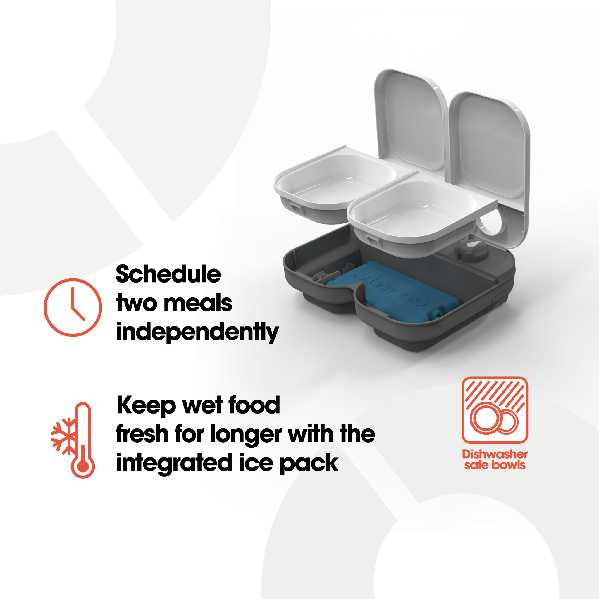 An infographic on a white background showing the two meal pet feeder split in to two horizontal sections to show the bowls separated from the base, with an ice pack placed in the base to kee pet food chilled.