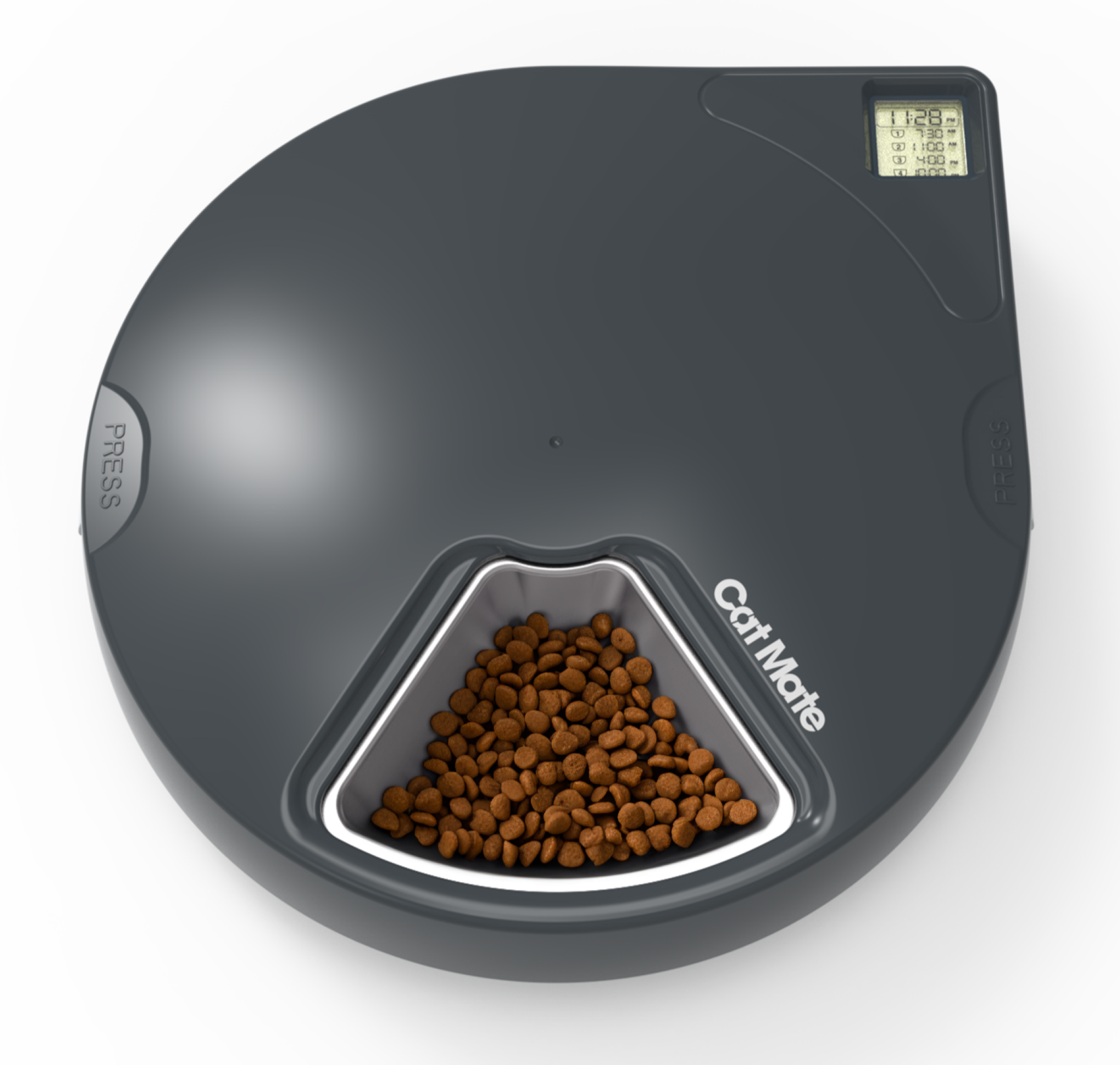 A Cat Mate automatic five-meal pet feeder with anthracite grey exterior and a stainless steel bowl insert, filled with cat food on a white background