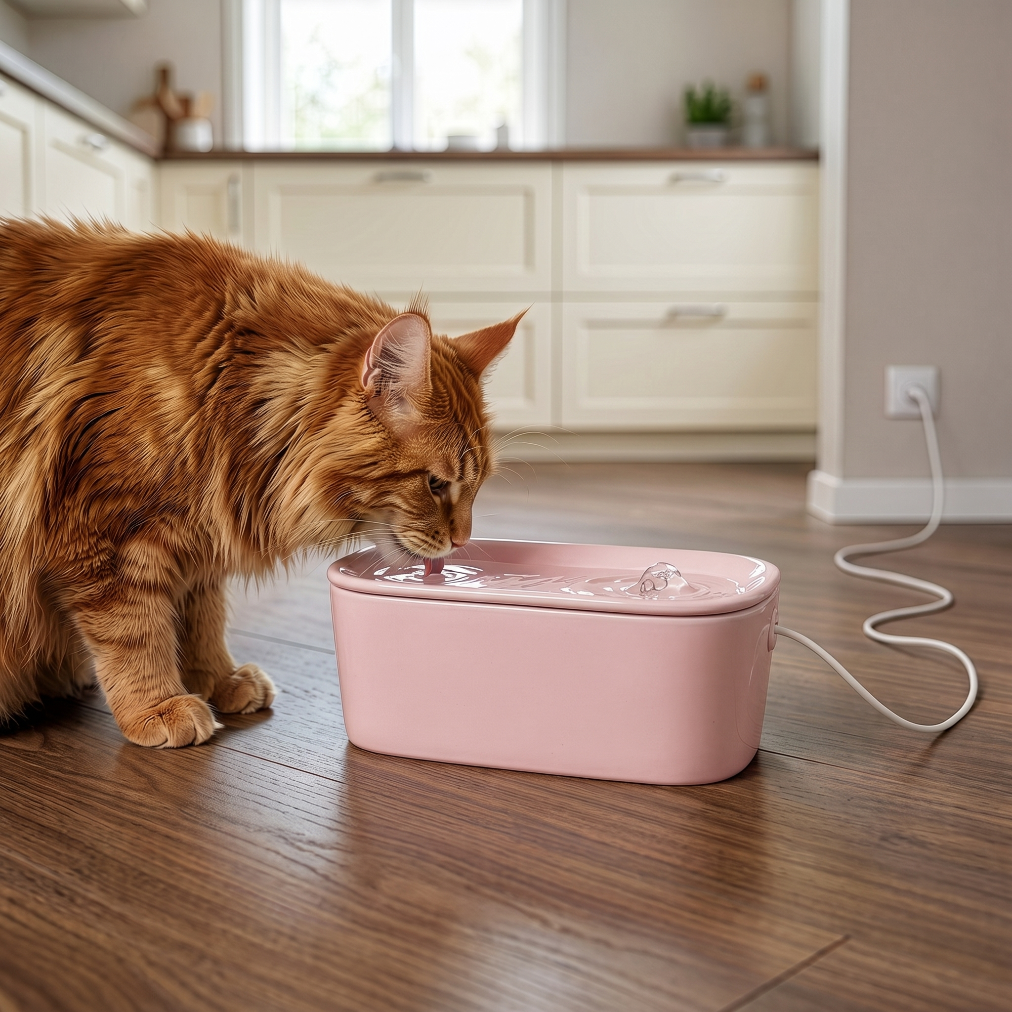 An orange tabby cat drinking from a pink ceramic pet water fountain which has a USB power cord on a dark wood floor in a modern kitchen setting.