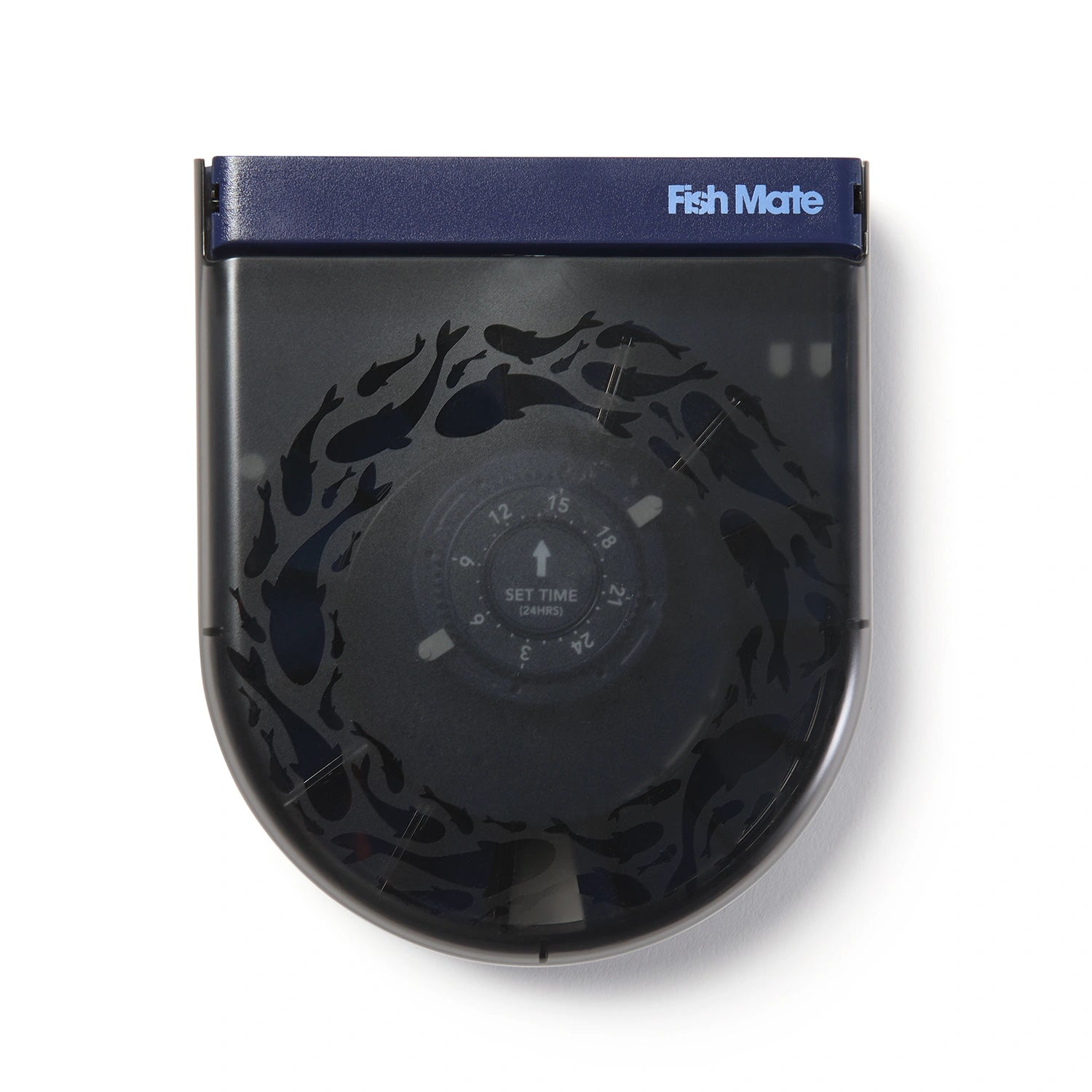 Black and navy coloured automatic fisj feeder with 'Fish Mate' branding on a white background