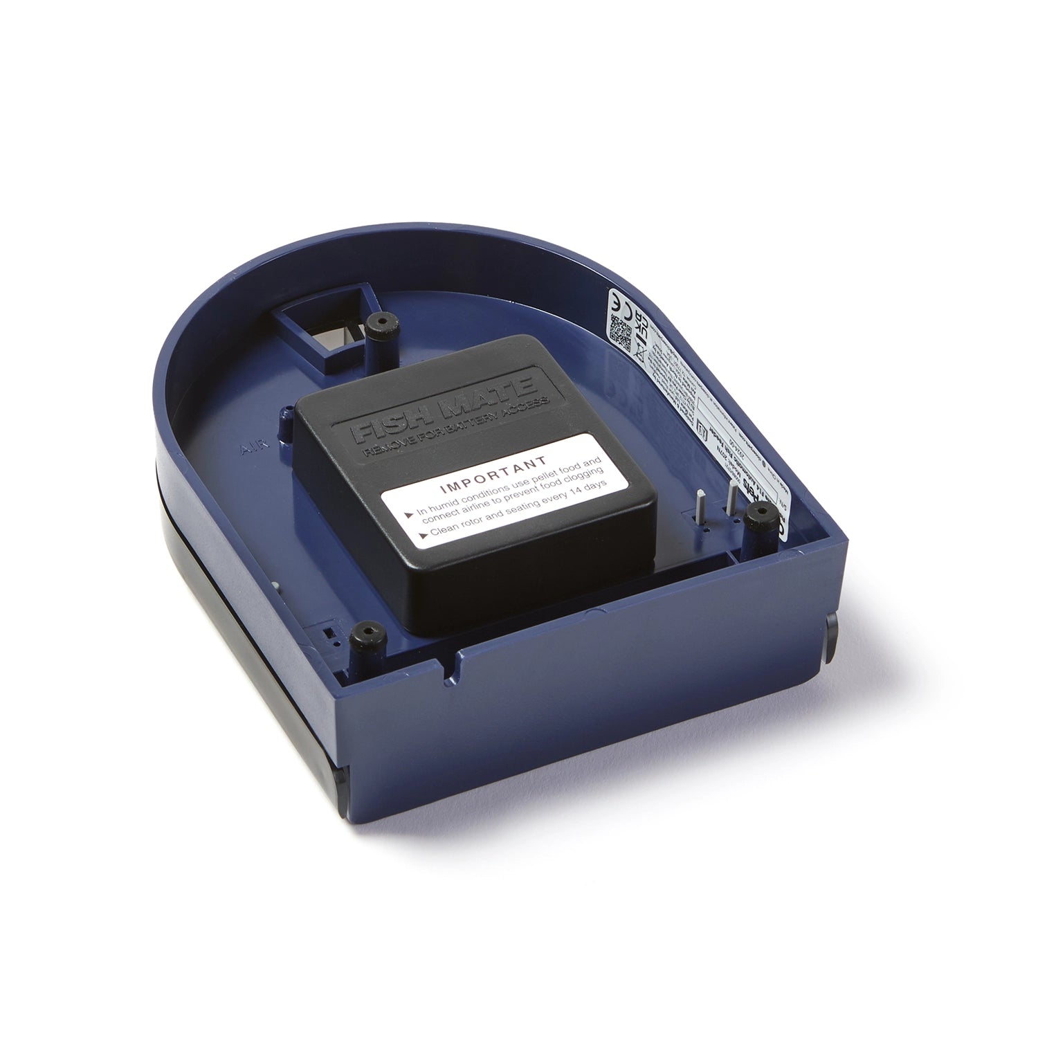 The underside view of the dark blue fish feeder including a battery compartment