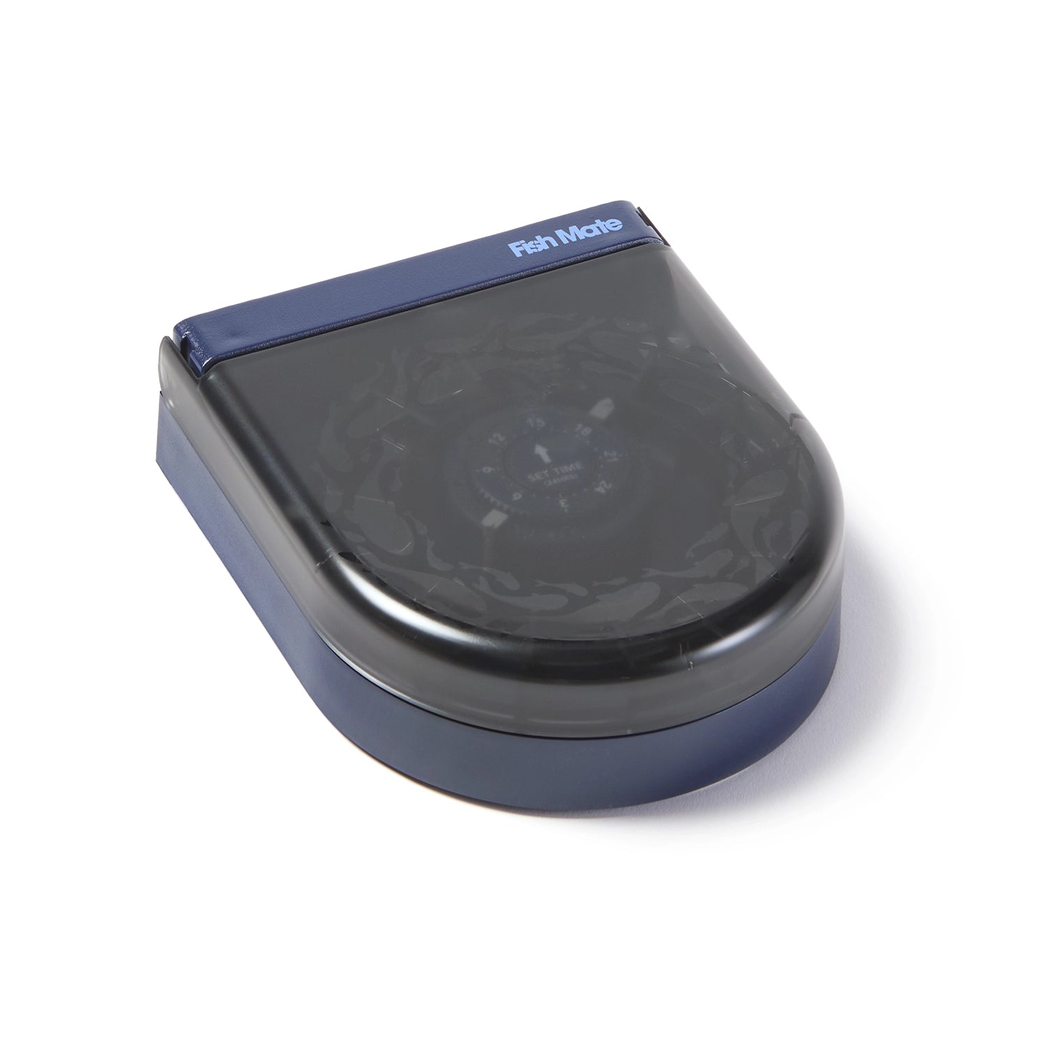 Black and blue aquarium feeder with 'Fish Mate' branding on a white background