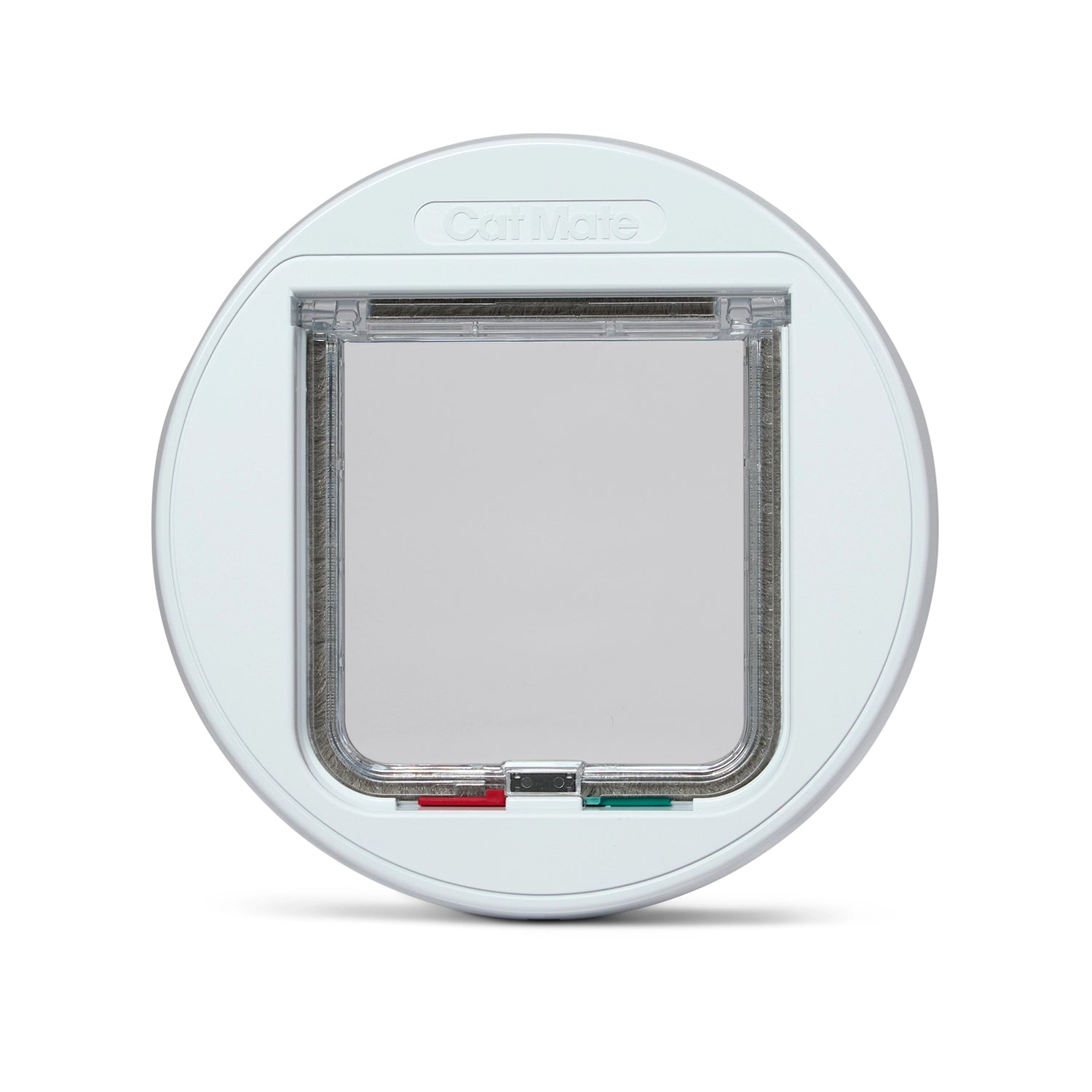 A white pet door for cats with clear flap on a white background