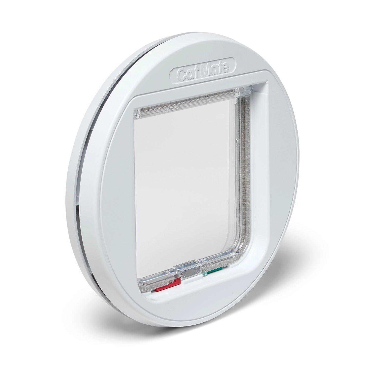 Cat flap with clear flap on a white background