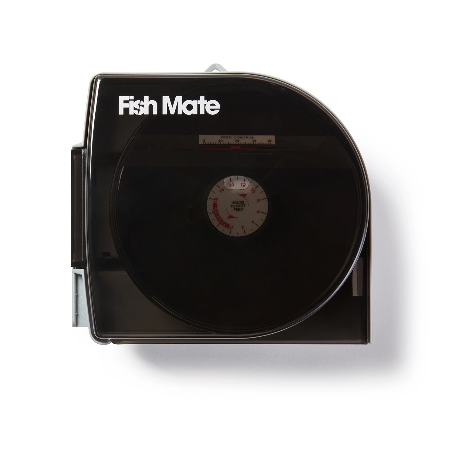 Black 'Fish Mate'  pond fish feeder on a white background