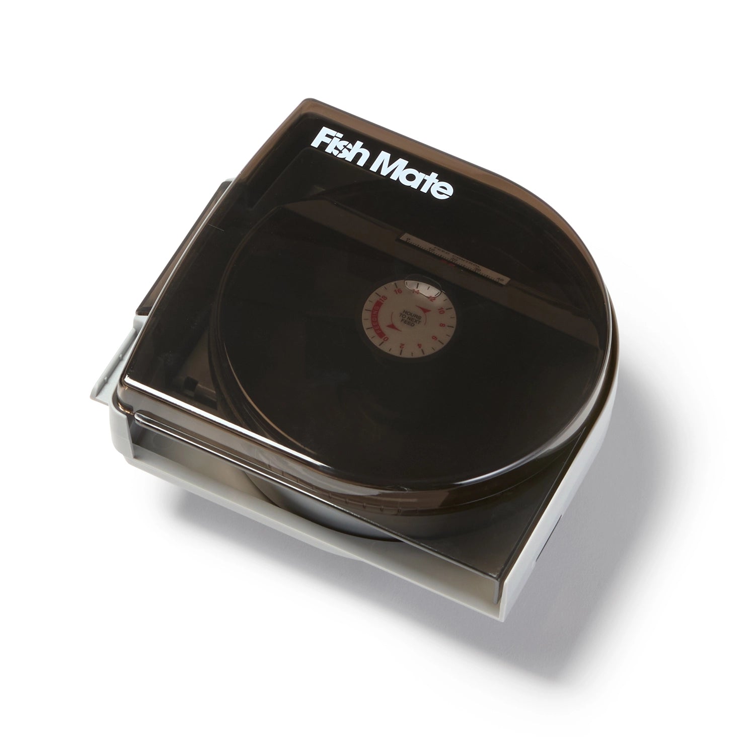 Black automatic fish feeder for pond fish with 'Fish Mate' branding on a white background.