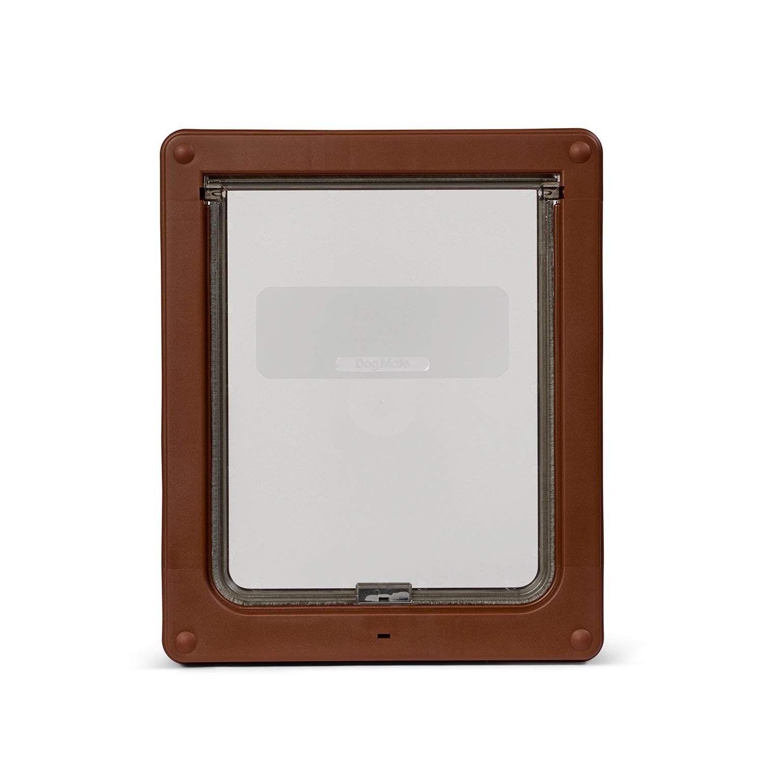Brown pet door with clear flap on a white background