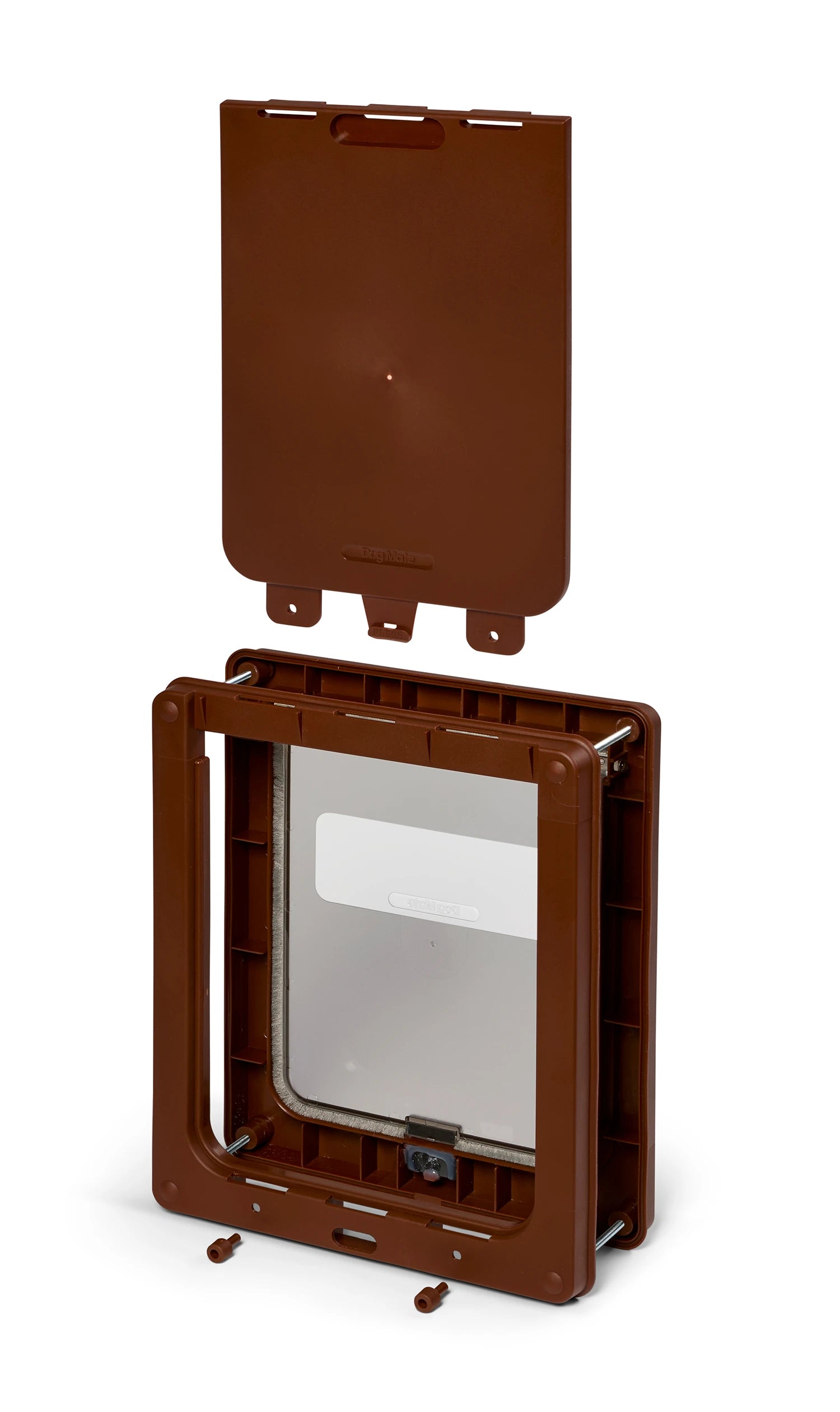 Brown pet door with clear flap on a white background with a brown security panel placed above