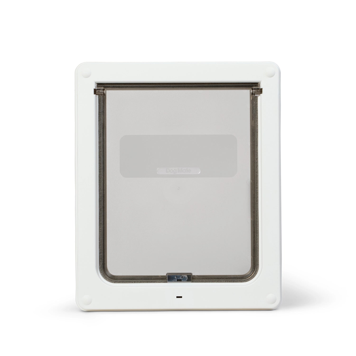 Medium white pet door for cats and dogs with a clear flap on a white background