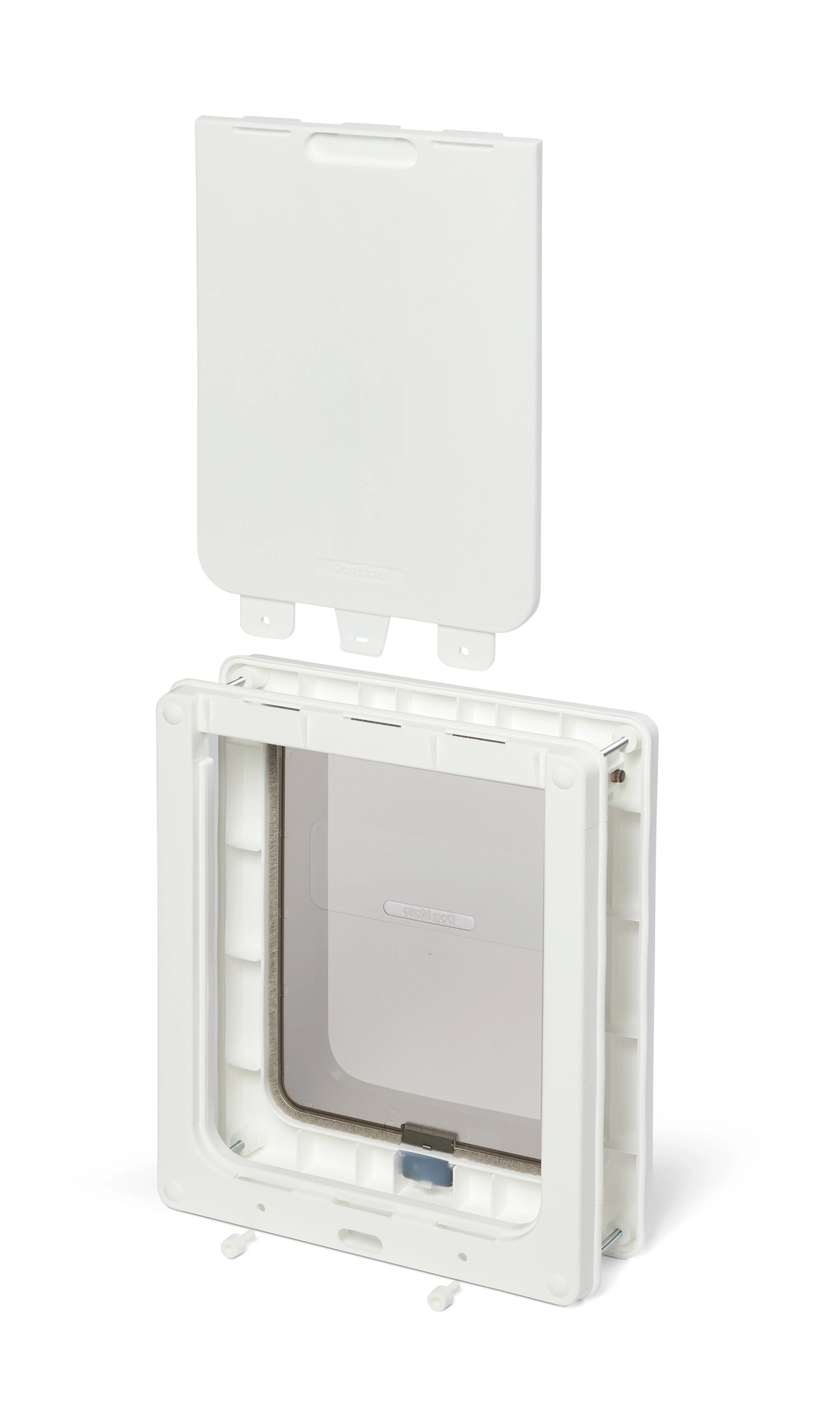 White medium plastic pet door with a clear flap on a white background