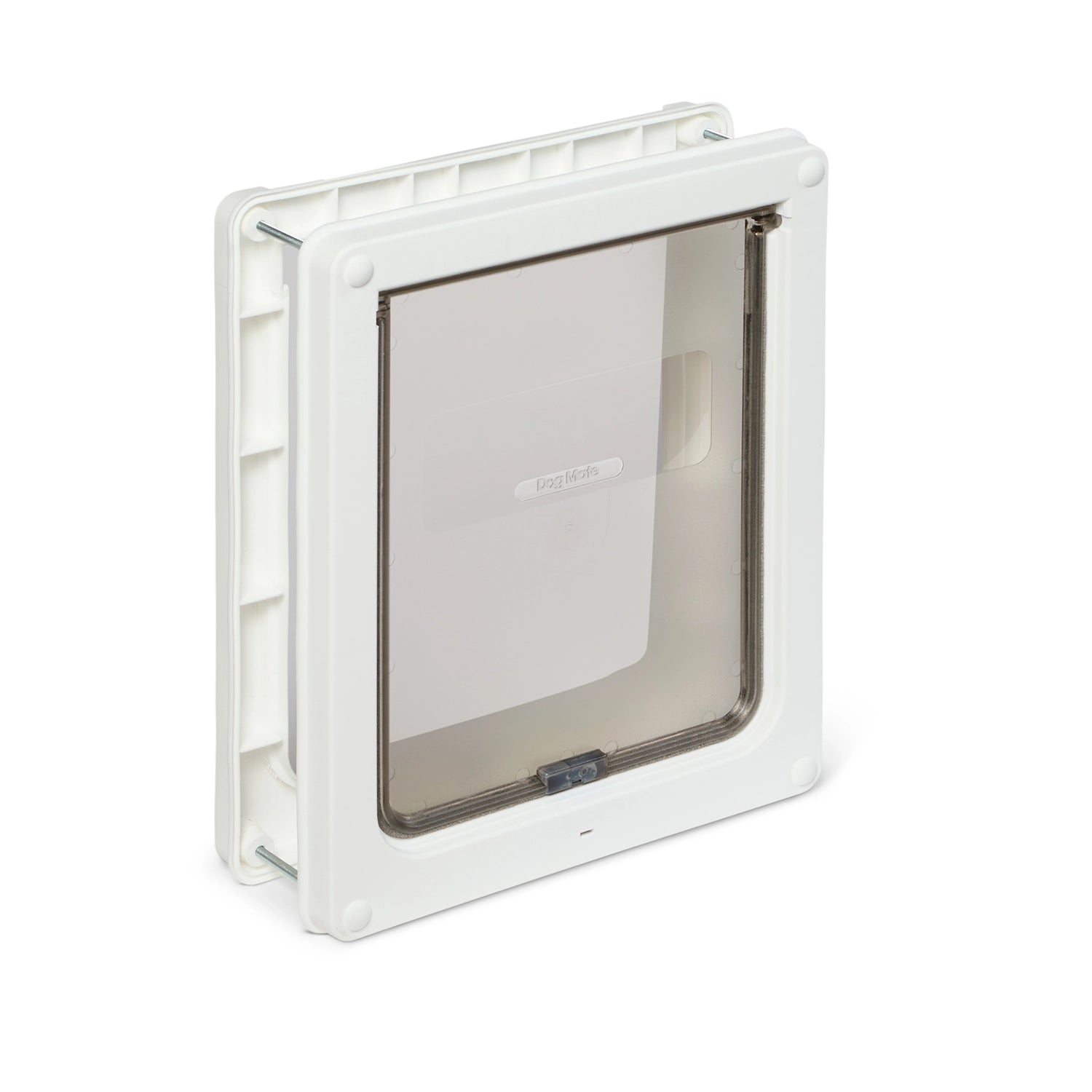 A pet door in white with a clear flap on a white background