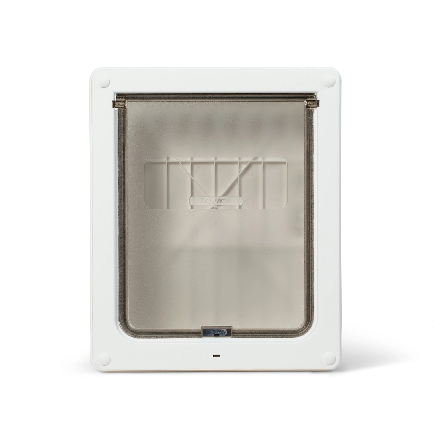 Pet door with a clear plastic flap on a white background