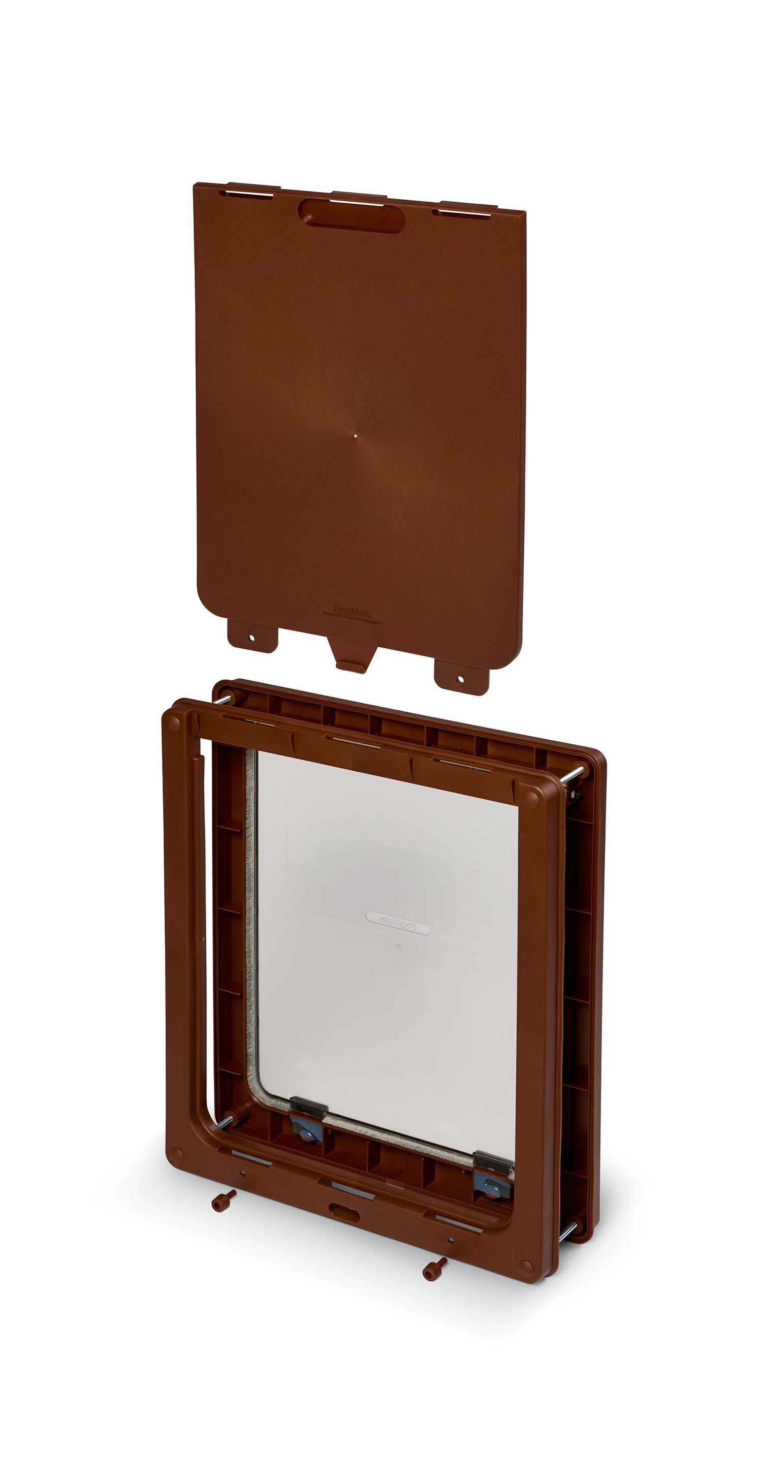 Brown pet door for pets, including up to larger dogs with a brown locking security panel on a white background