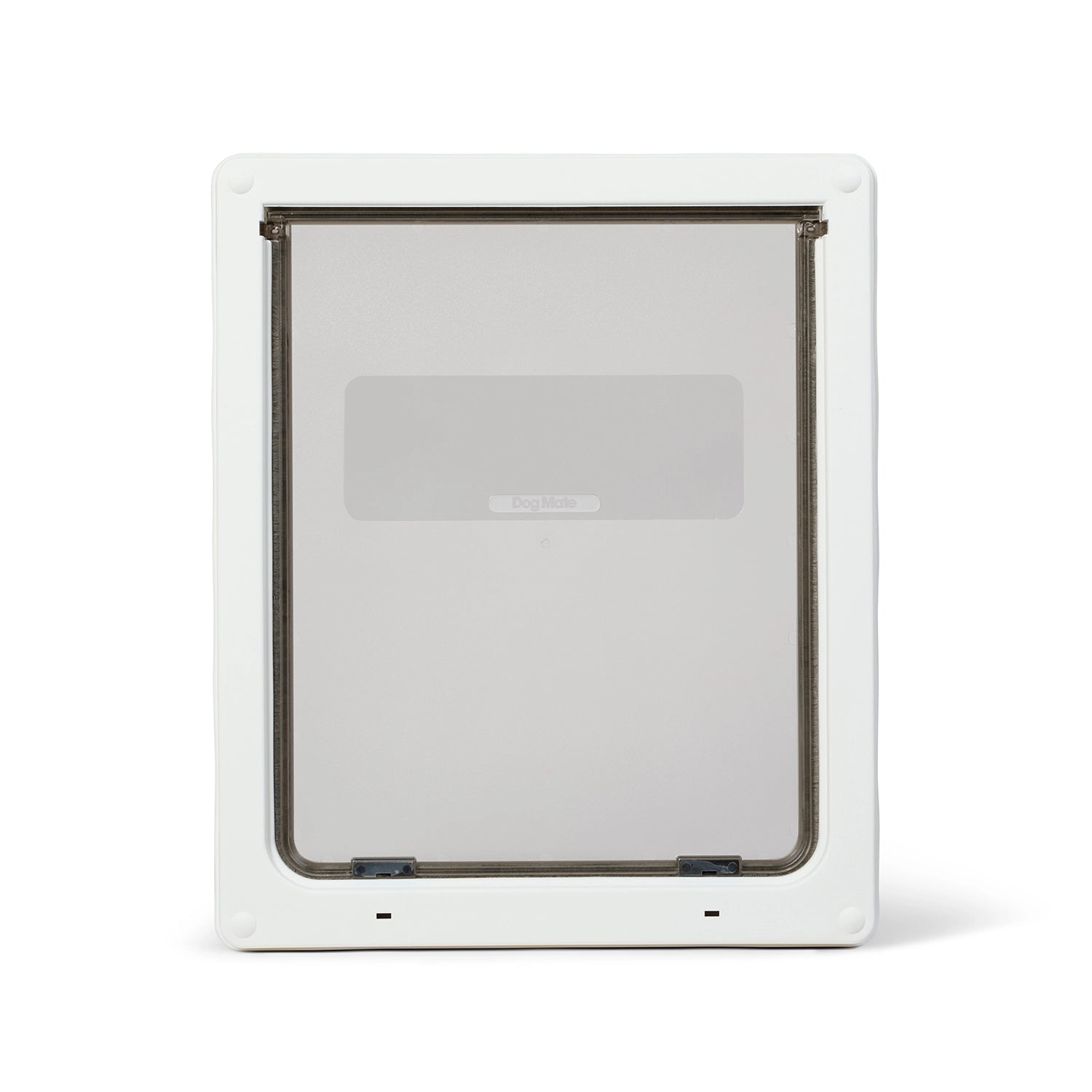 White pet door with a clear flap on a white background