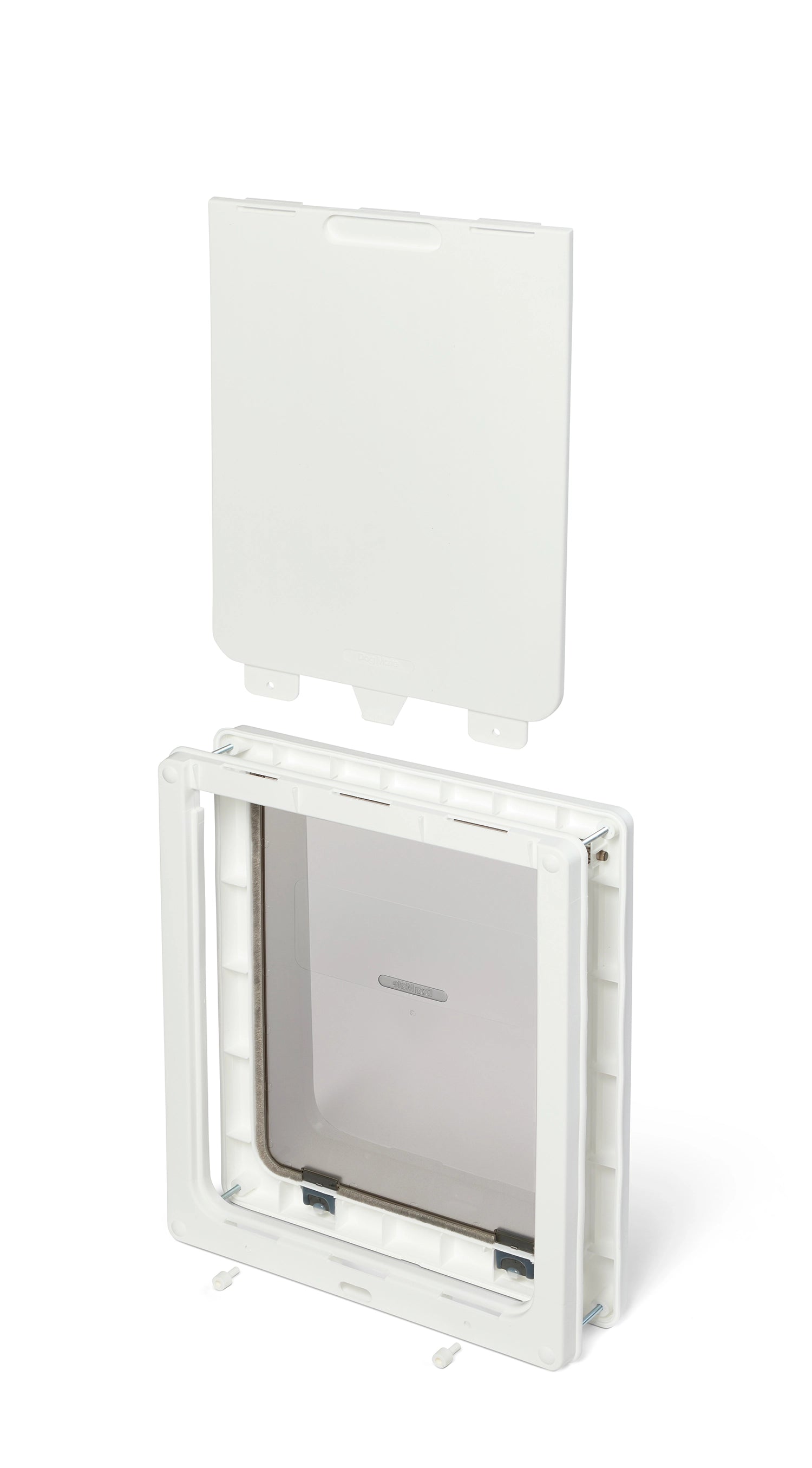 Pet door with flap on a white background with a white security security panel