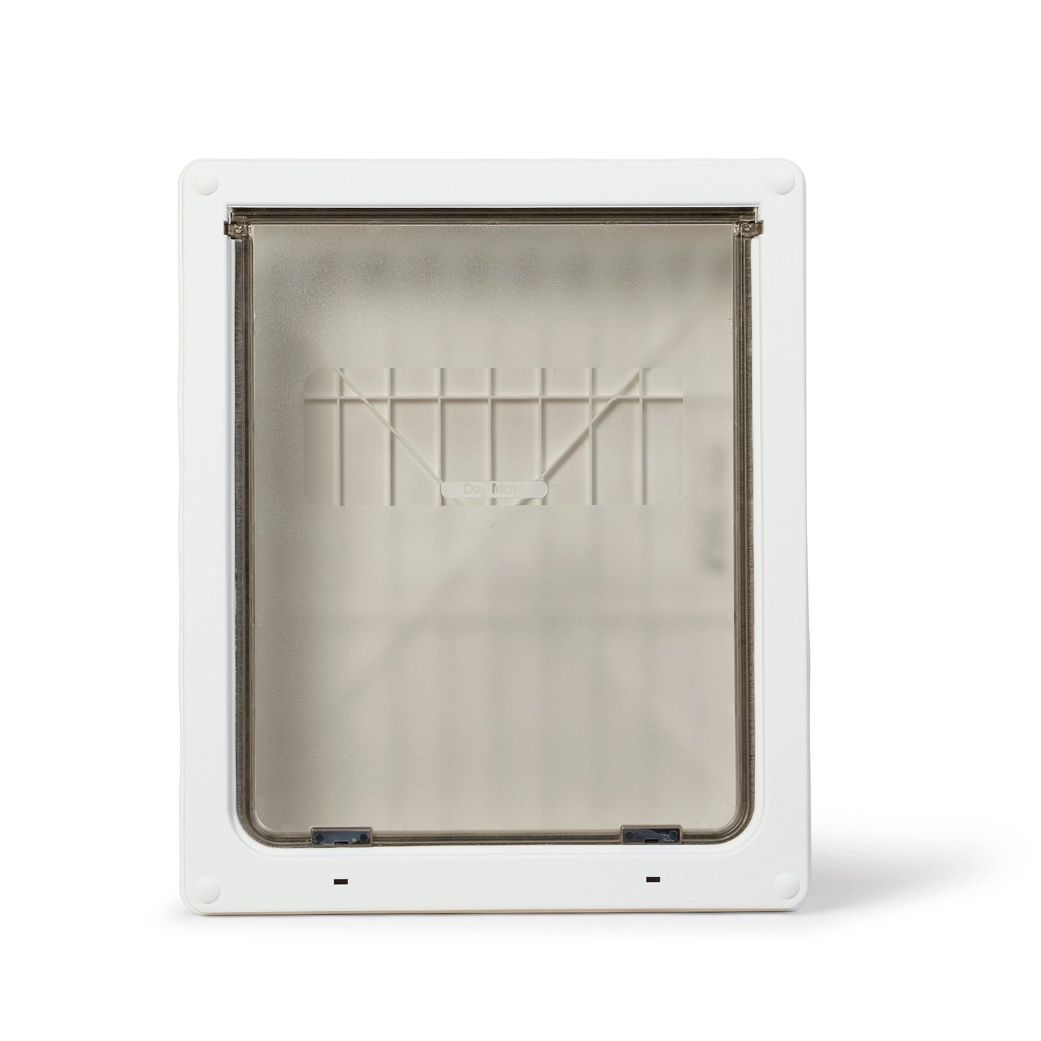 A front view of the closed pet door without the security panel, with a white frame and clear flap on a white background