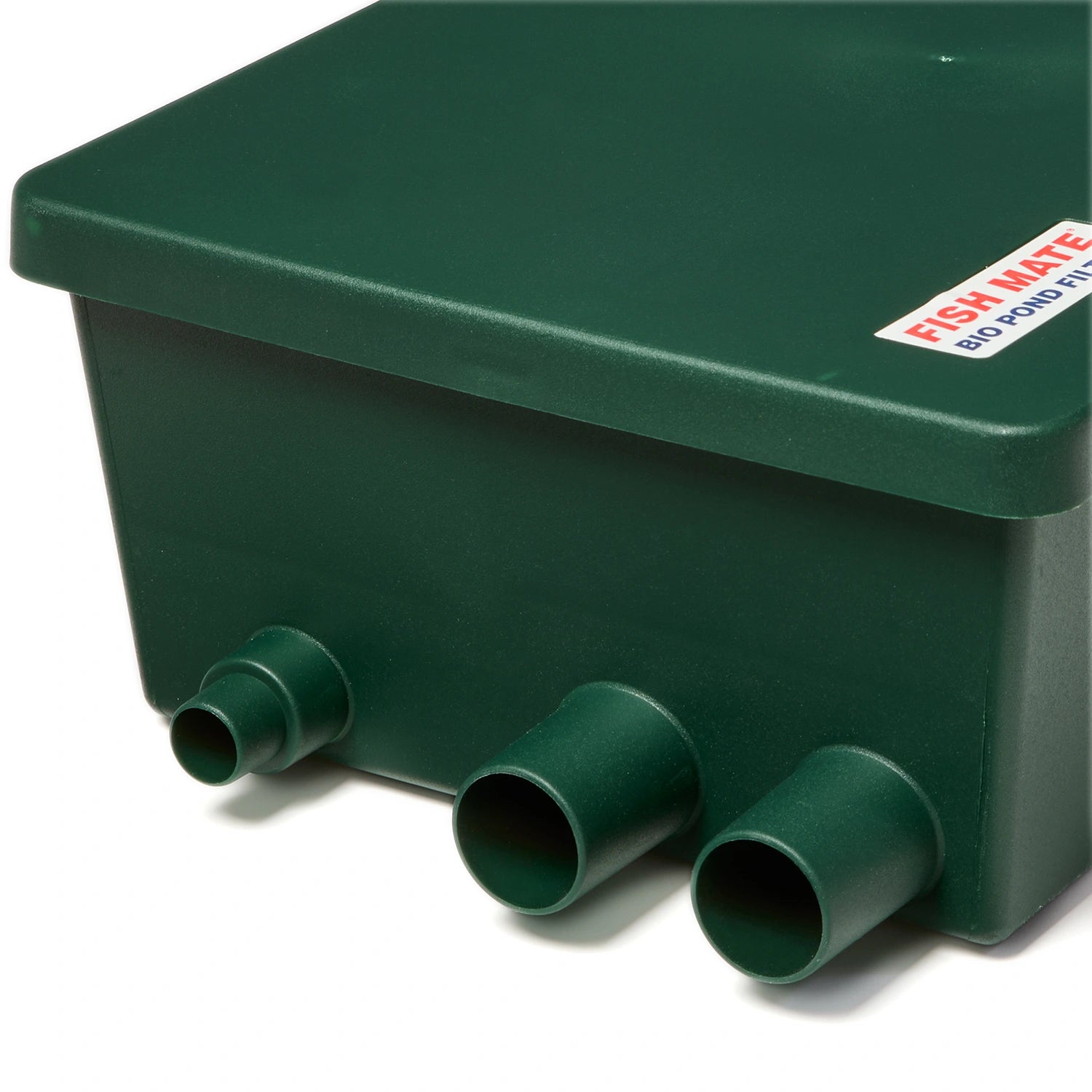 Green rectangular Fish Mate Bio Pond filter box with three pipes on a white background