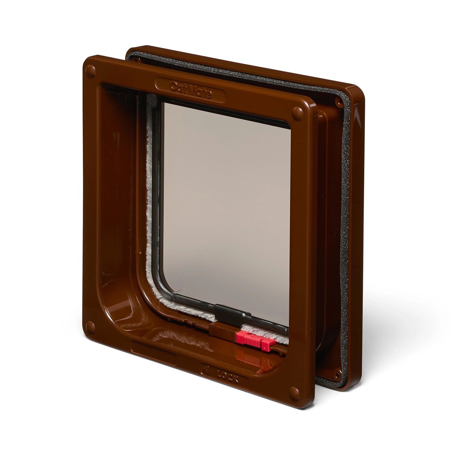 Brown pet door for average size cats with a clear flap on a white background