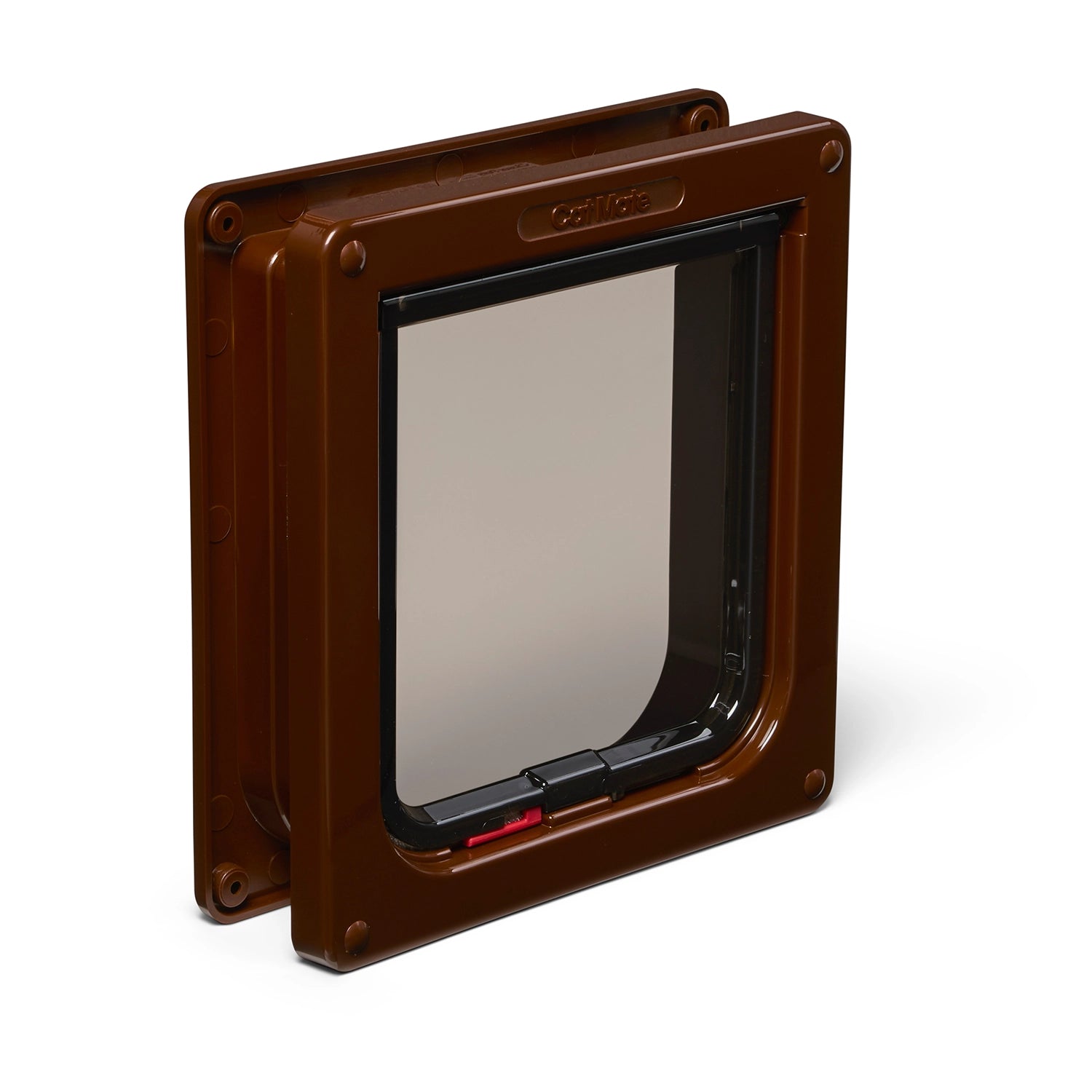 Brown manual locking cat door with a clear flap on a white background