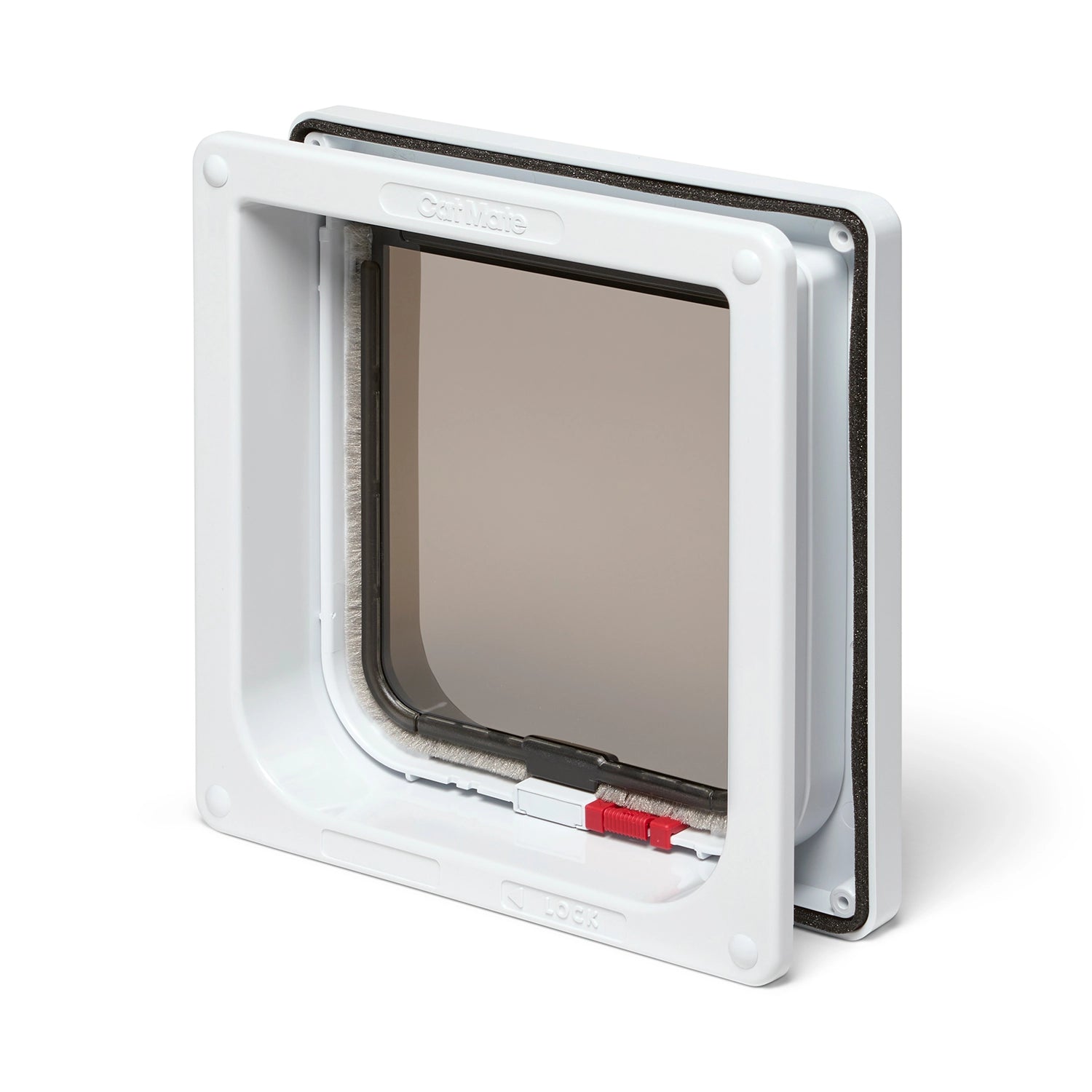 Pet door for cats with a transparent flap on a white background