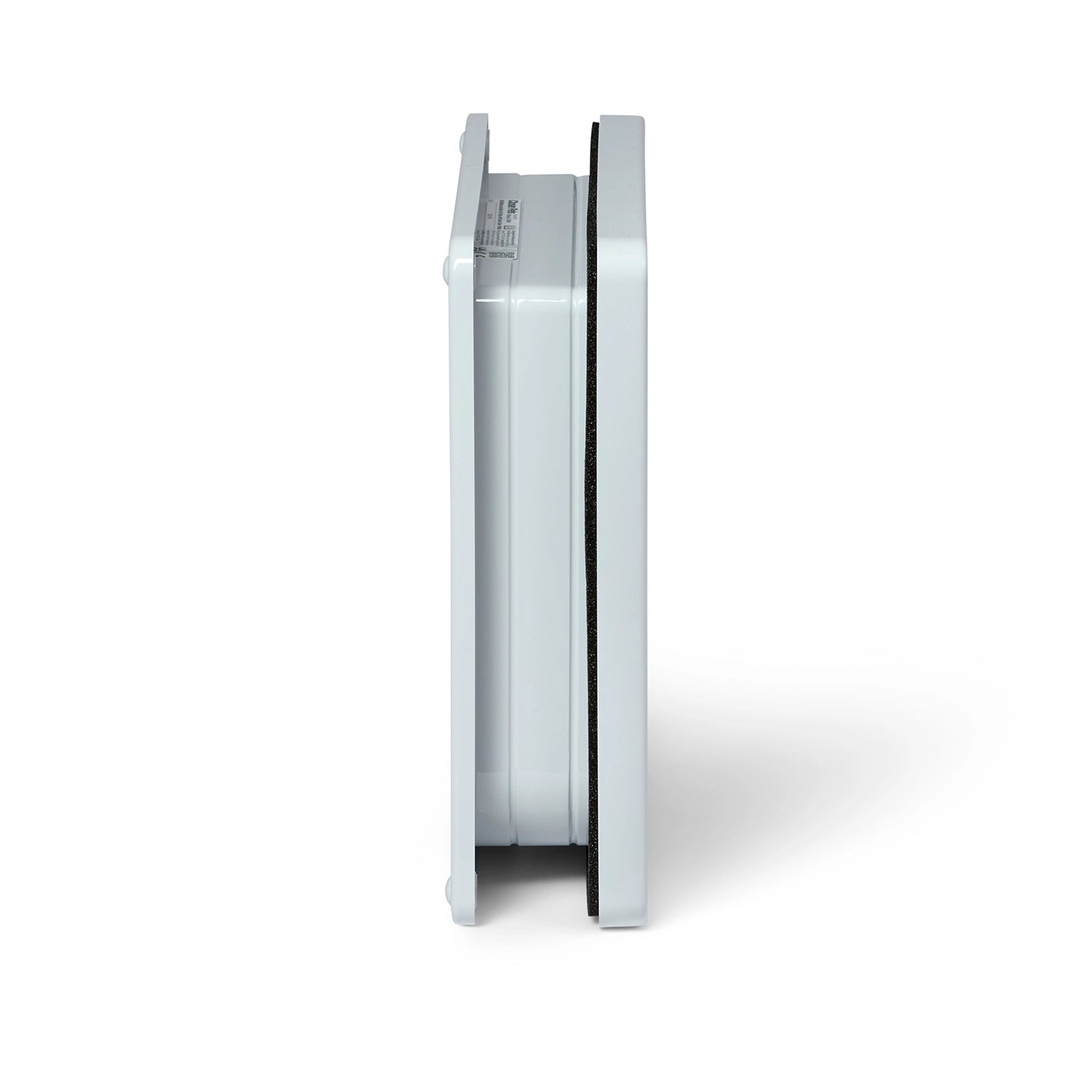 Side view of the white cat flap which includes a door liner up to 50mm on a white background