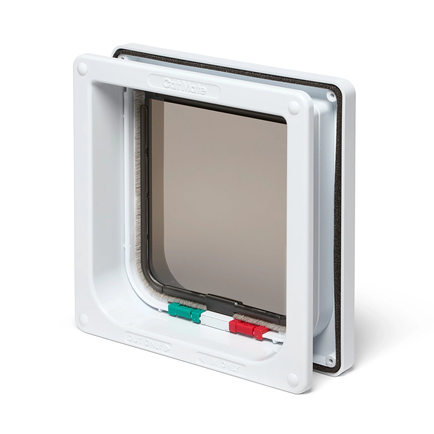 Pet door with a transparent flap and door liner with 4 way locks on a white background