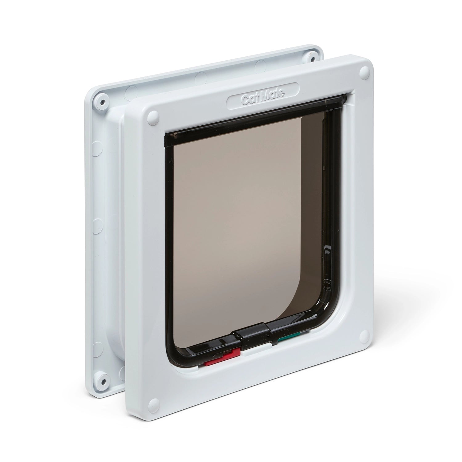 A white Cat Mate cat flap with door liner and clear flap on a white background, suitable for installation in to doors and walls