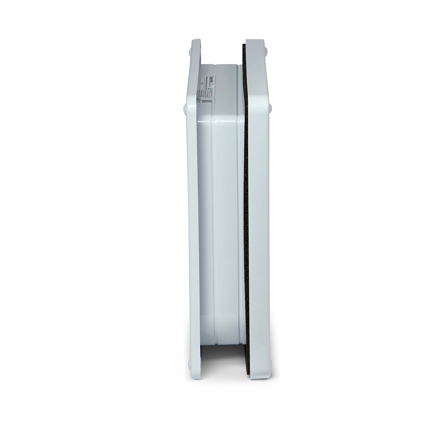 A side view of the locking cat flap with door liner in white on a white background