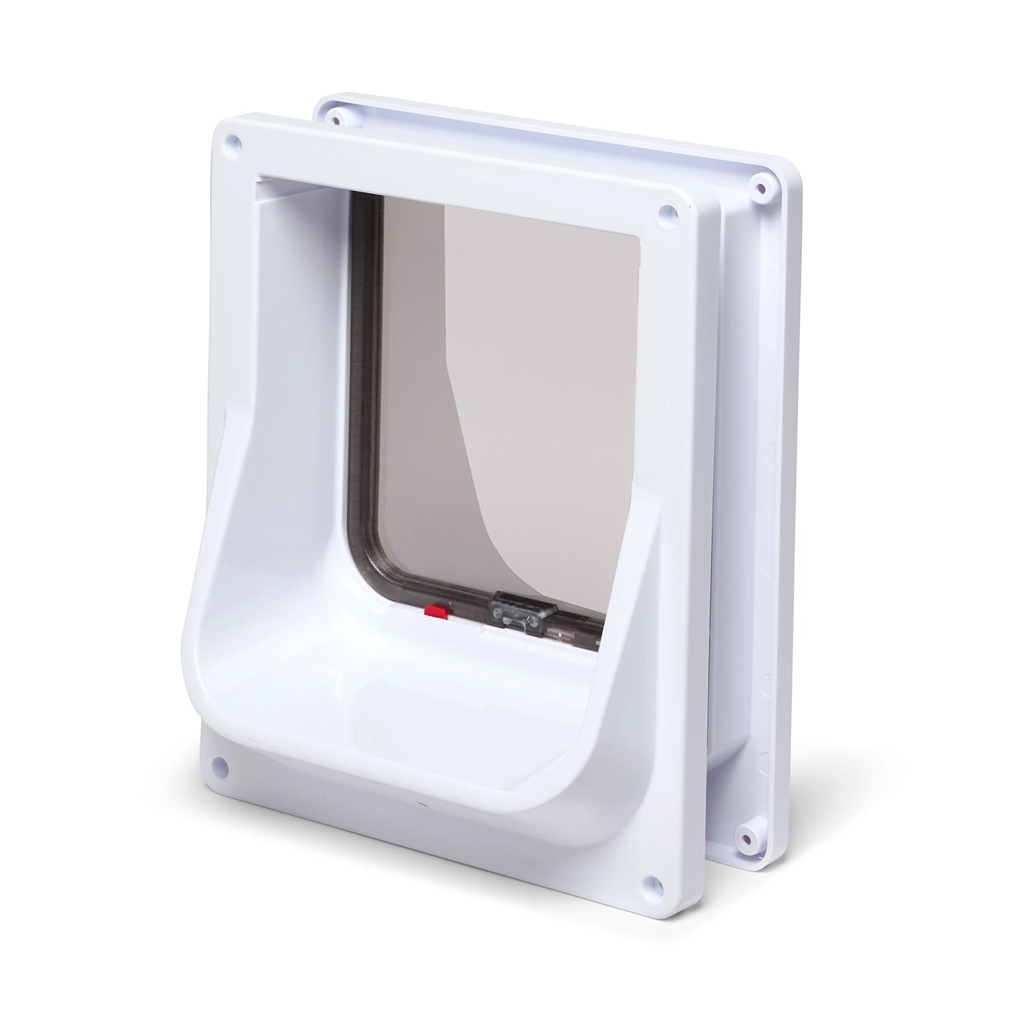 The side angle view of the rear of the white electromagnetic cat flap whichs the depth of the protruding back on a white background
