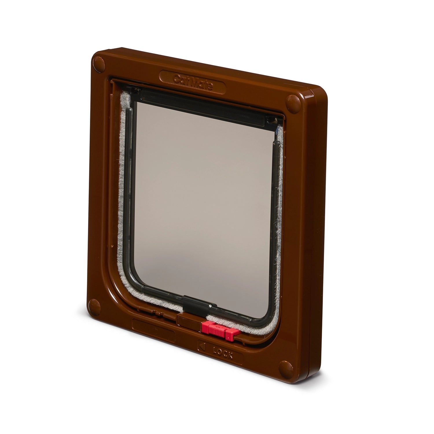 A back side angle of the brown pet door  for average size with clear flap on a white background
