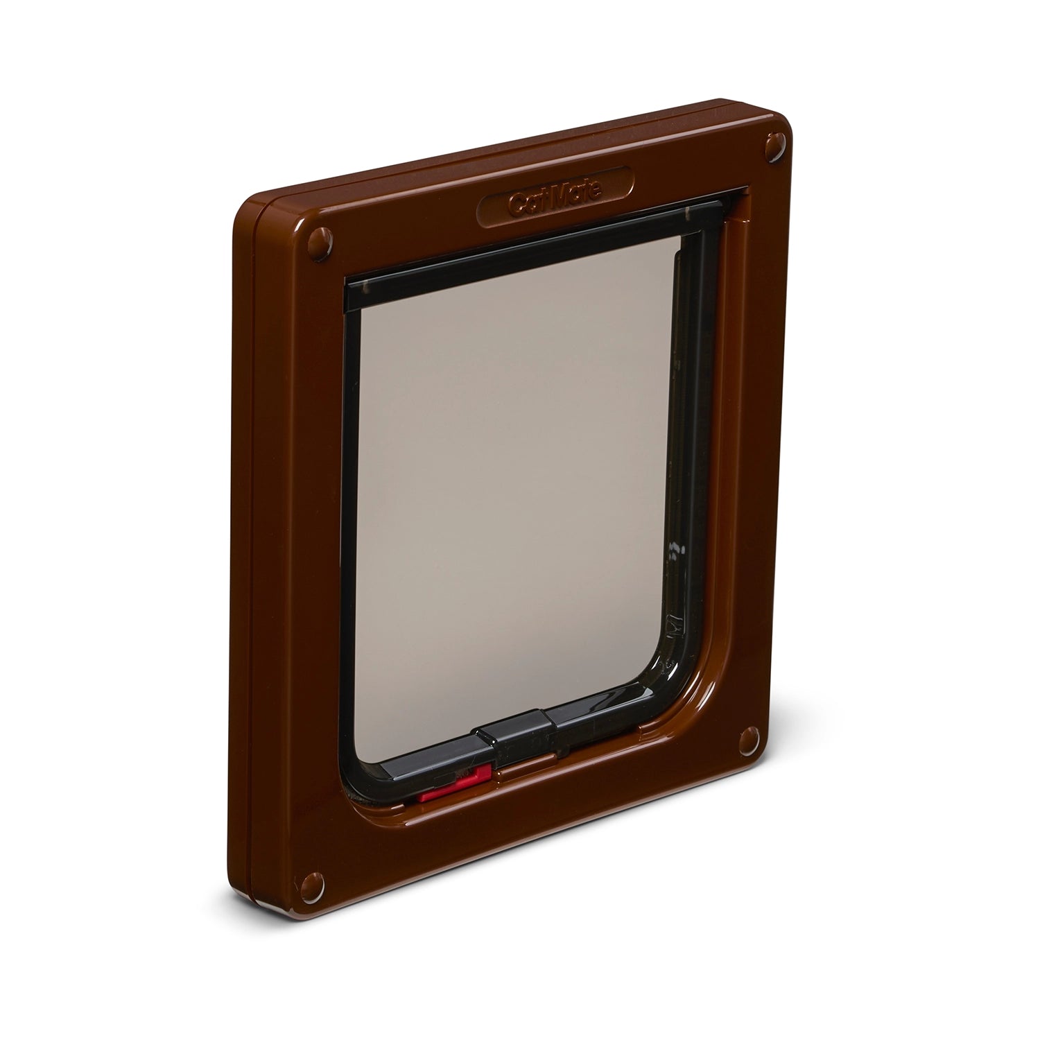 Brown  Cat Mate pet door on a white background showing the clear flap and the locks which are munually used to allow the cat in or out of the room depending on the position of the locks