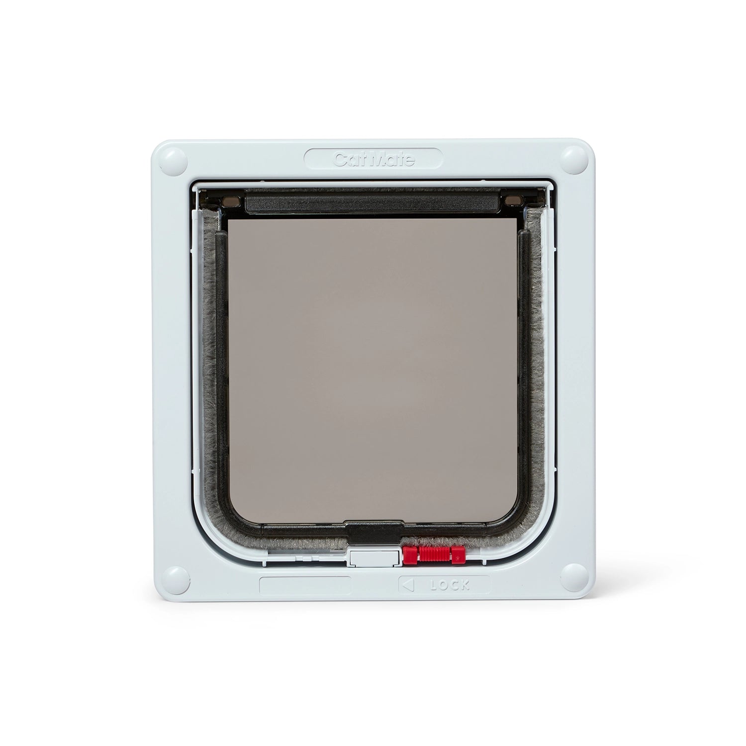 Front view of a white cat flap for average size cats, that is self lining up to 50mm and has two-way locks on a white background