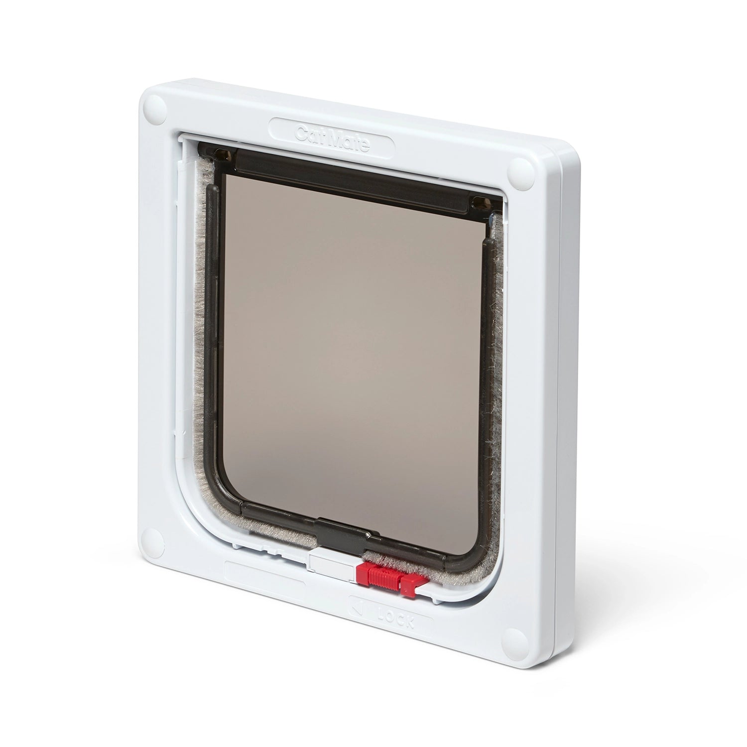 White plastic lockable cat flap with a clear flap showing a red lock, on a white background